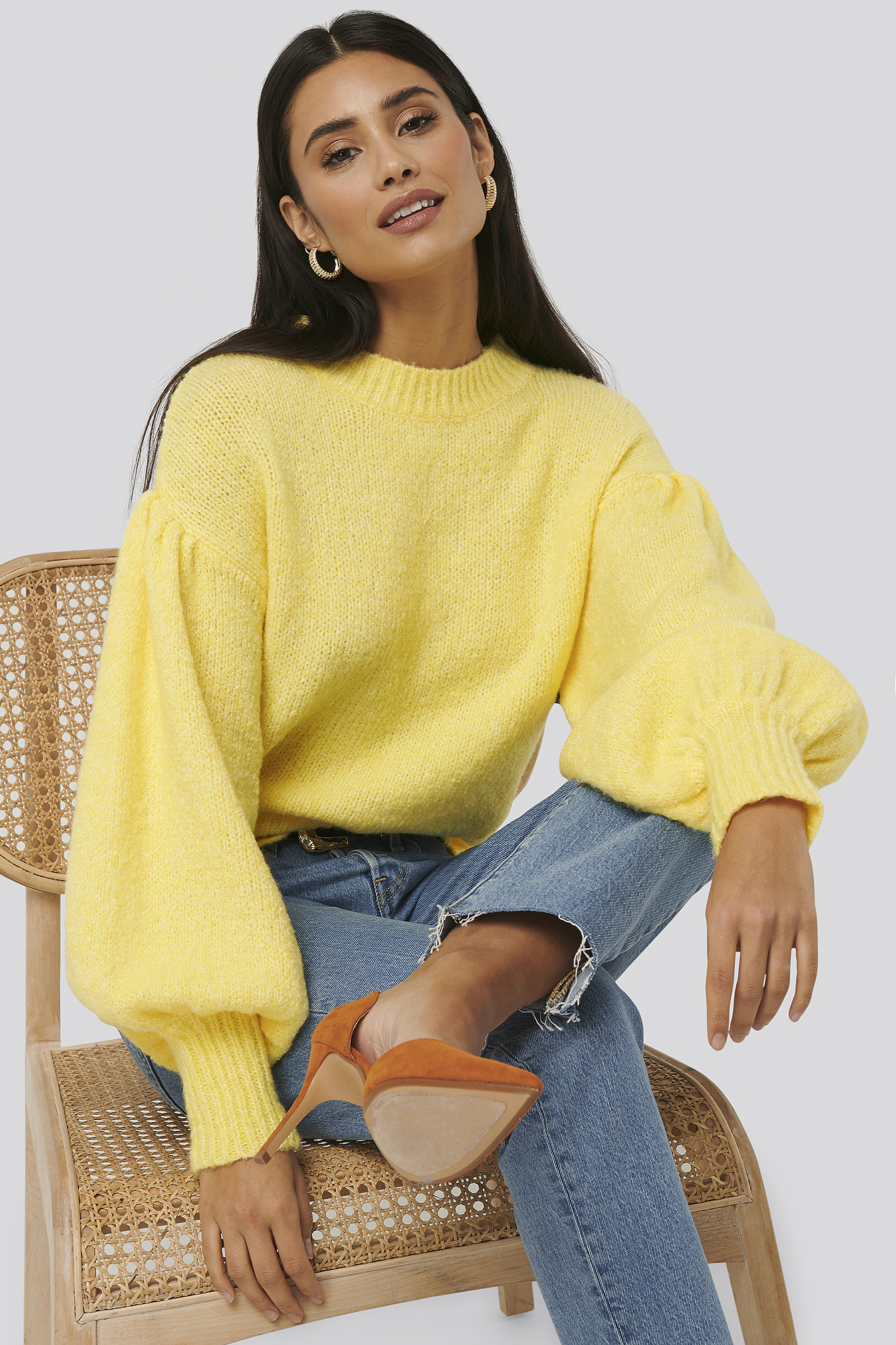 Dropped Sleeve Knitted Sweater Light Yellow
