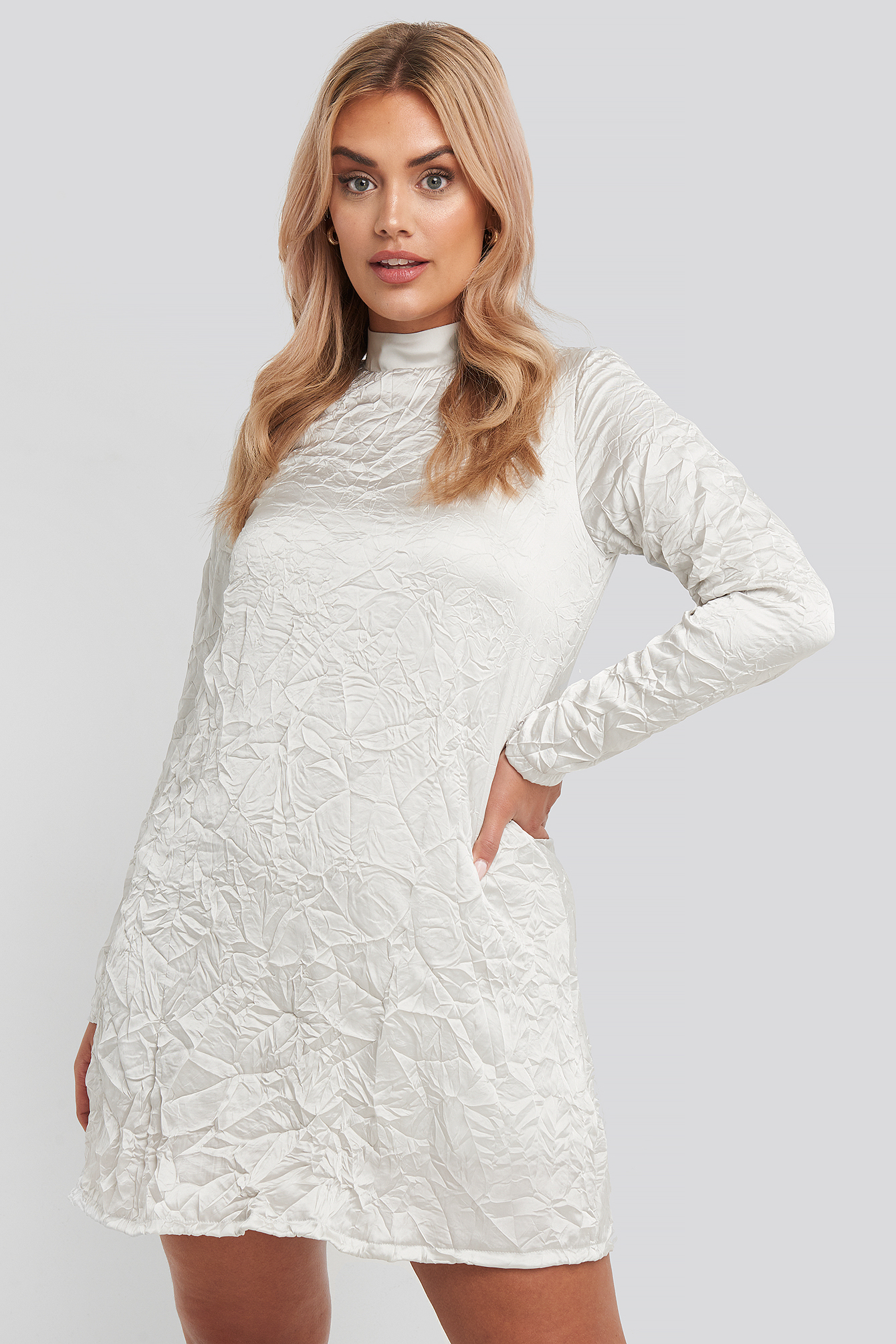 Creased Effect Long Sleeve Mini Dress Grey