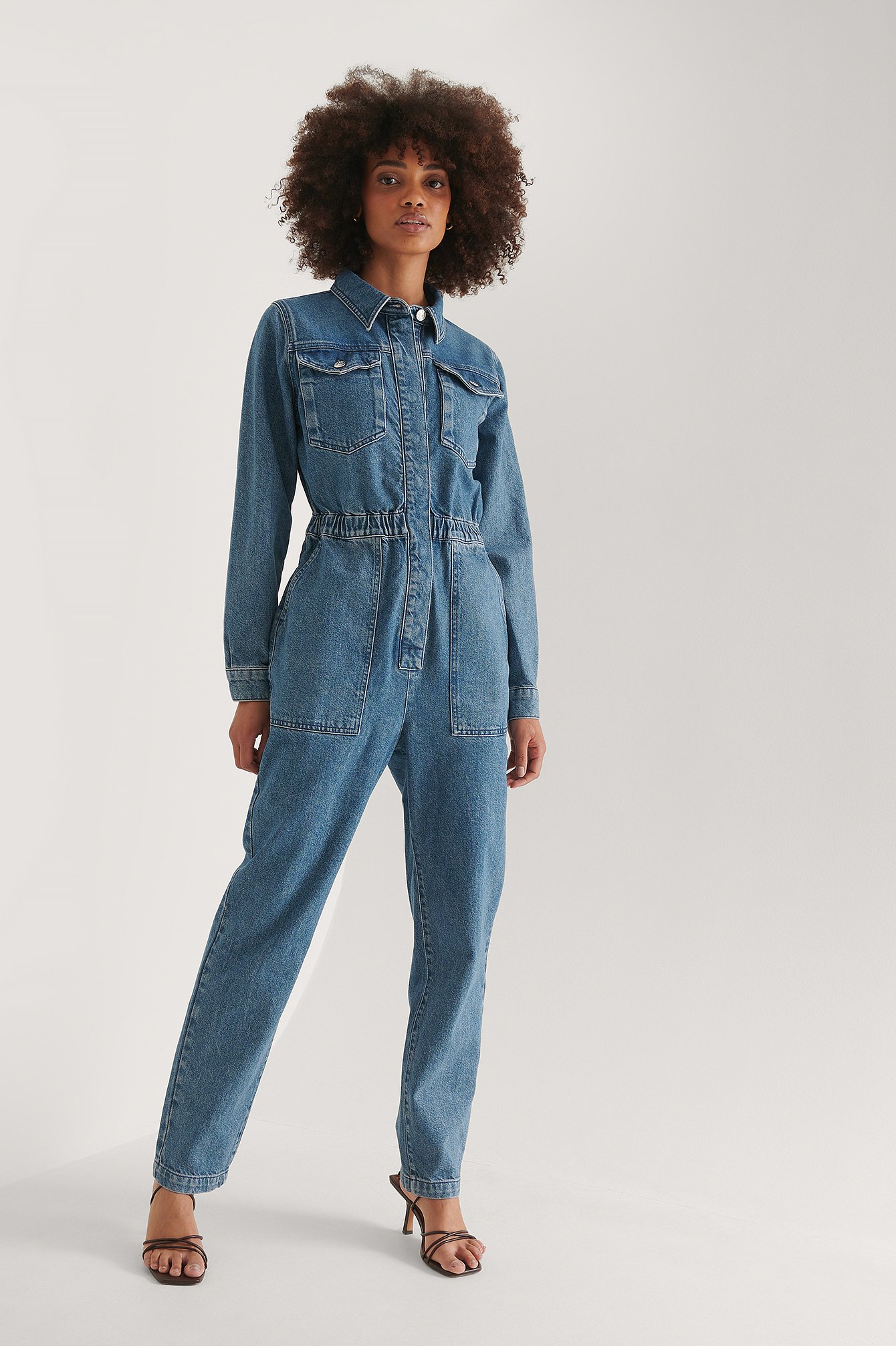 Mid Blue Organischer Jeans-Overall mit elastischem Taillenbund
