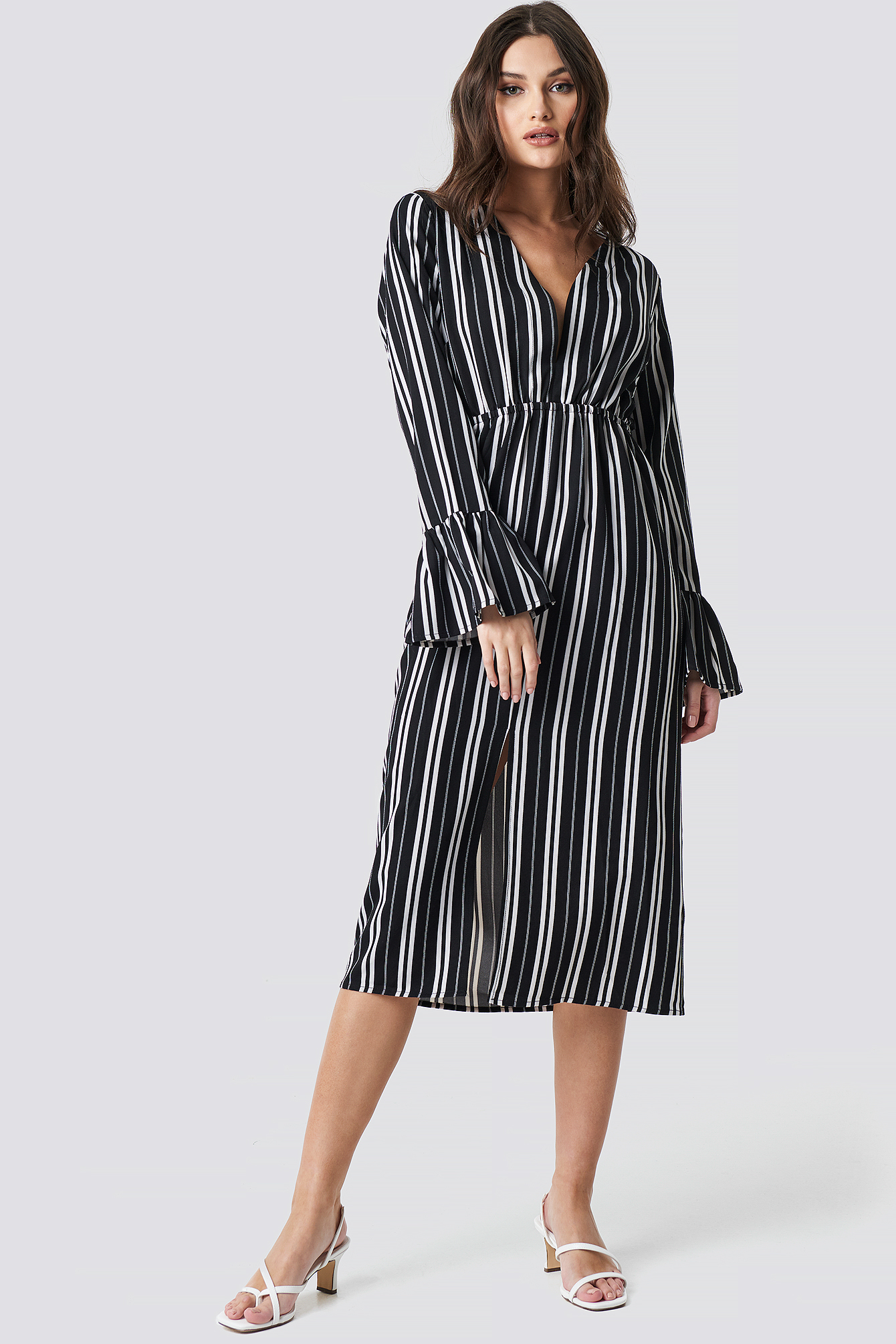 Elastic Waist Flute Sleeve Dress Black/White Stripe