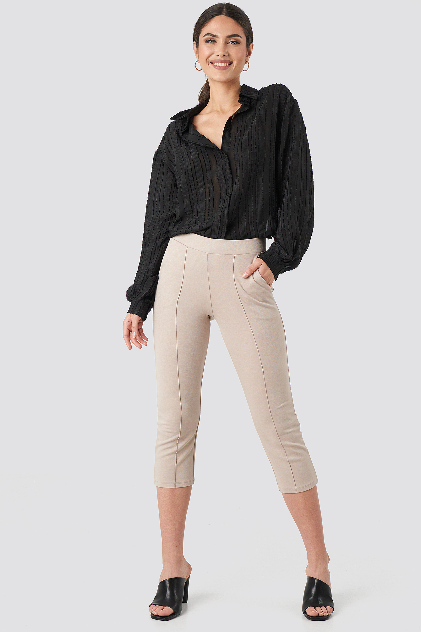 Elastic Waist Front Seam Pants Beige