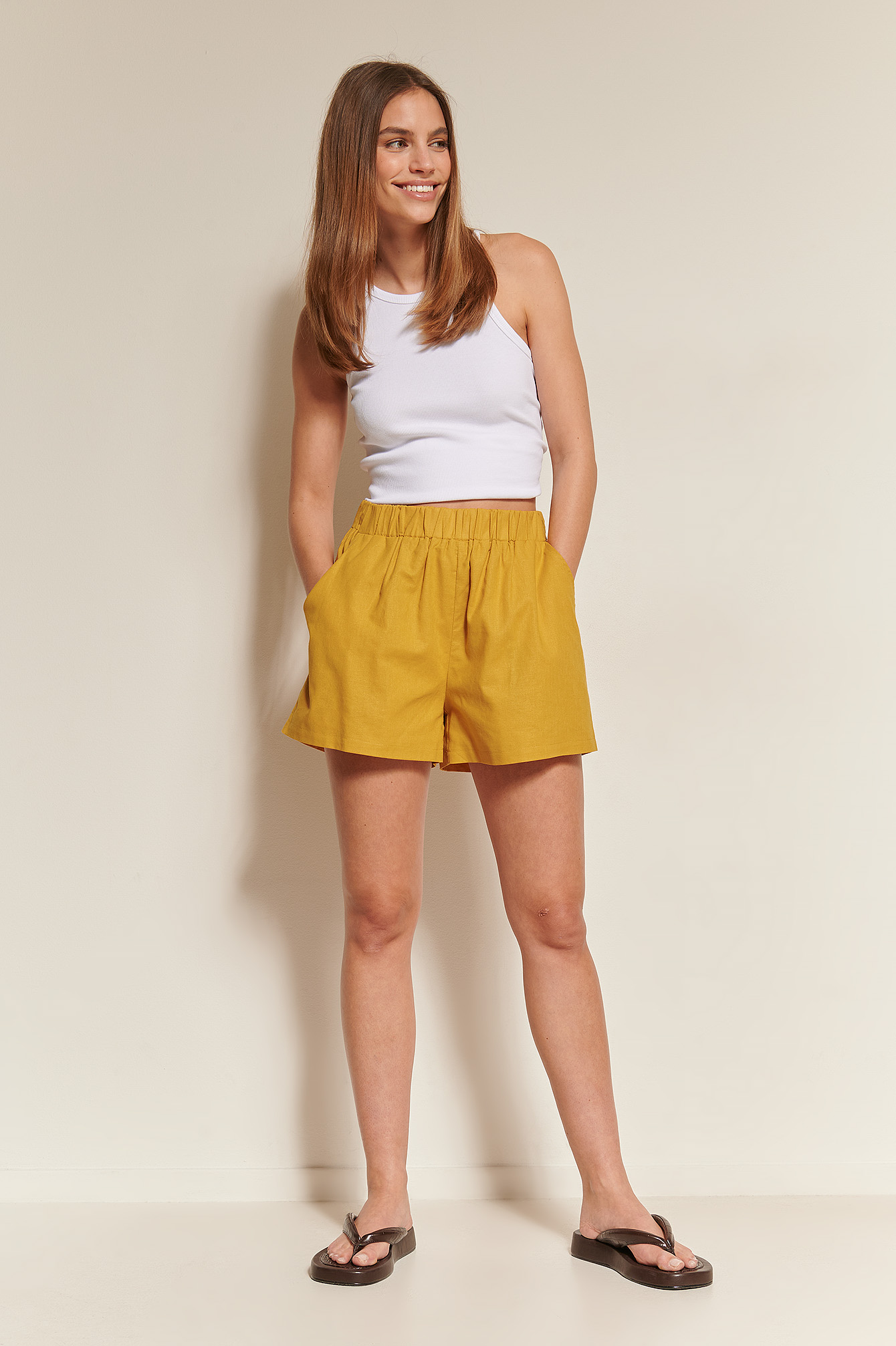 Elastic Waist Linen Shorts Yellow | na 