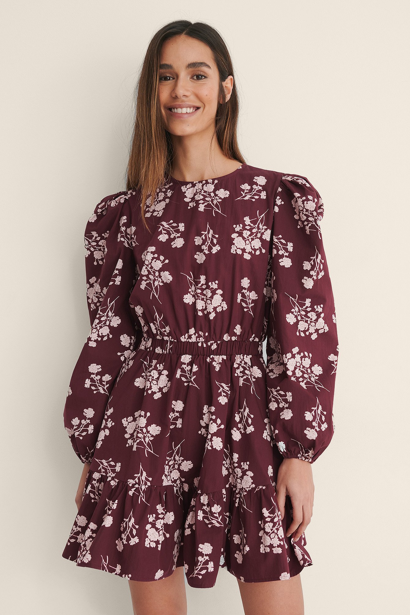 Burgundy/Beige Elastic Waist Long Sleeve Floral Dress