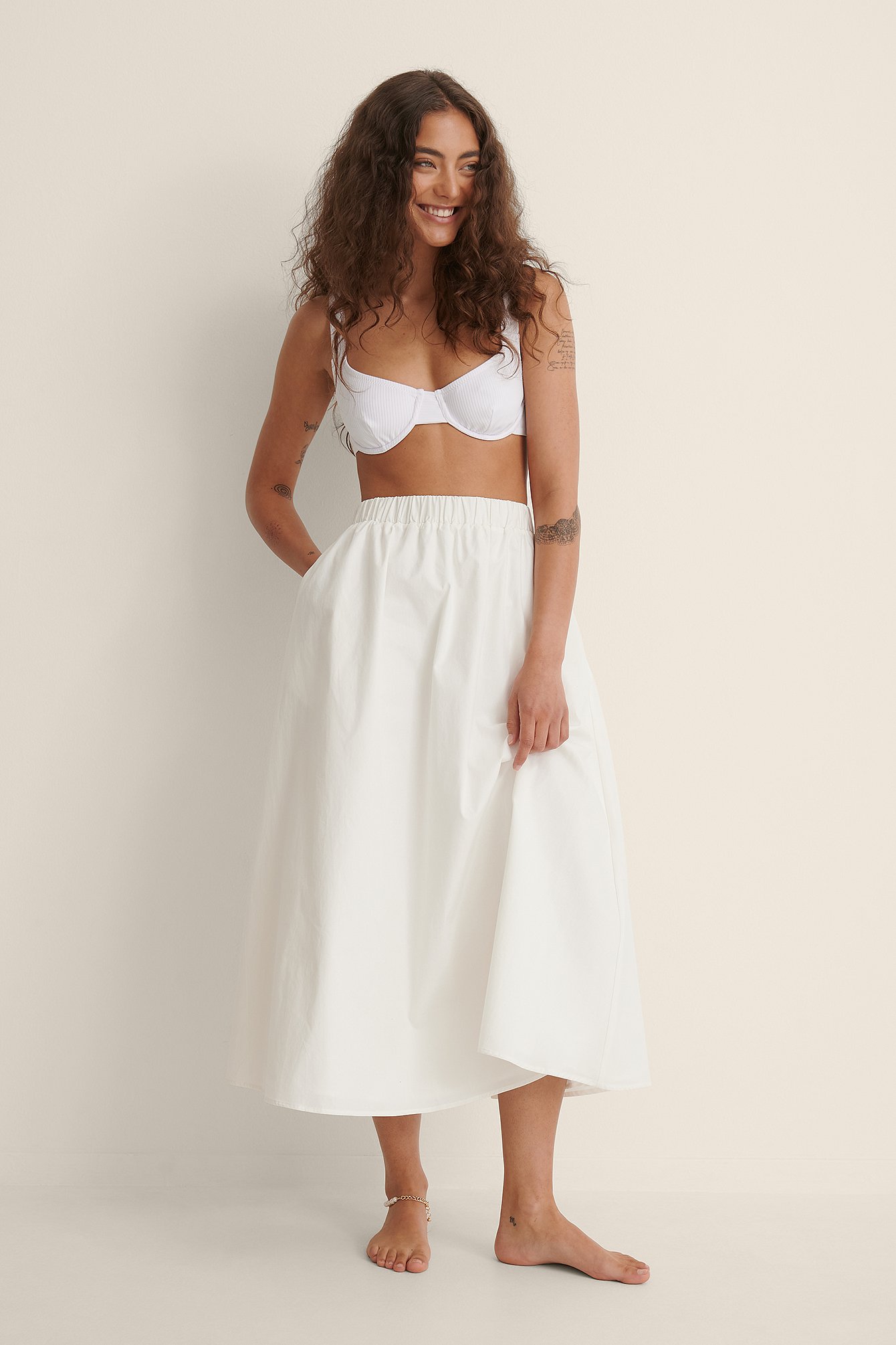 na-kd trend elastic waist midi cotton skirt - white