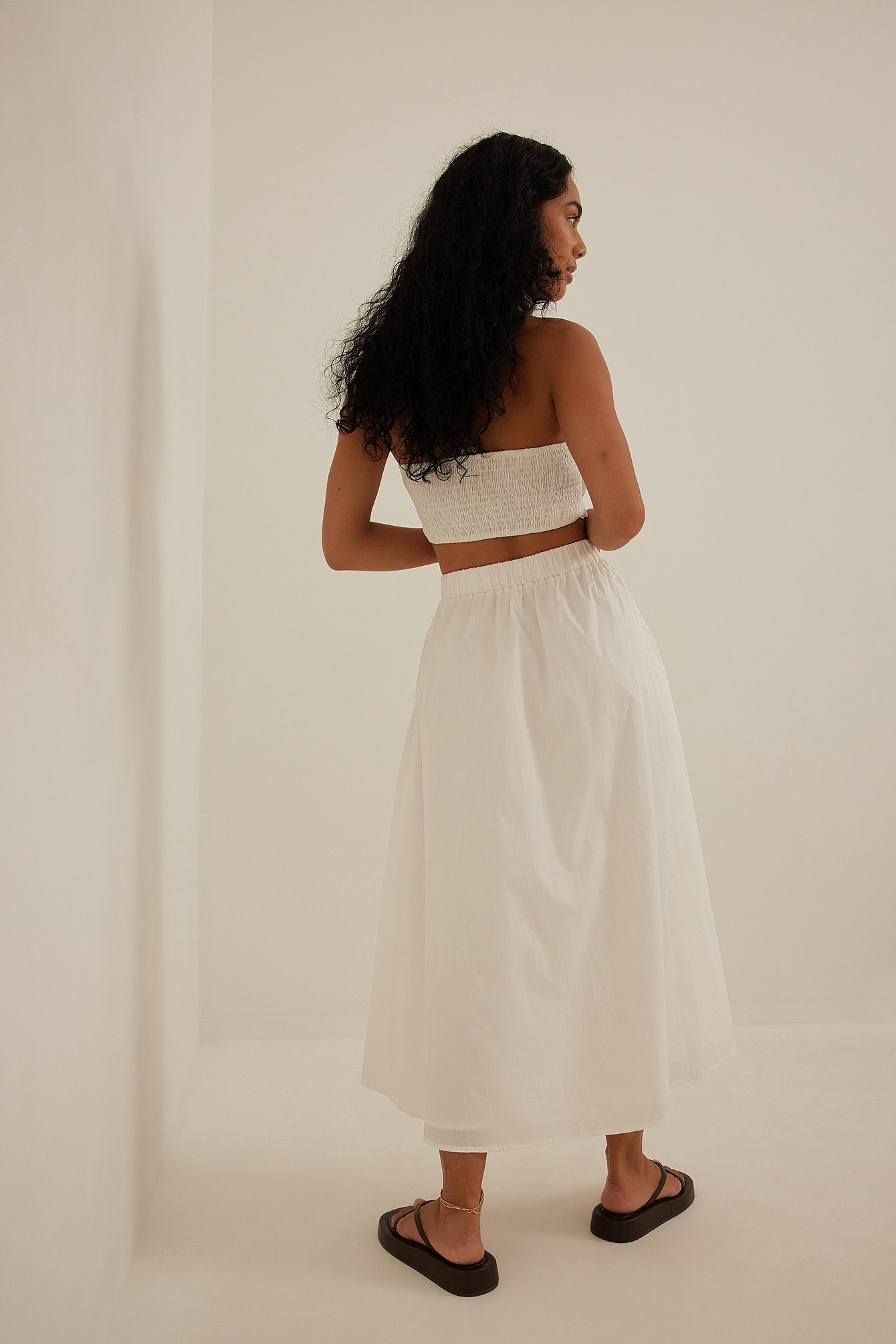 White Organic Elastic Waist Midi Cotton Skirt