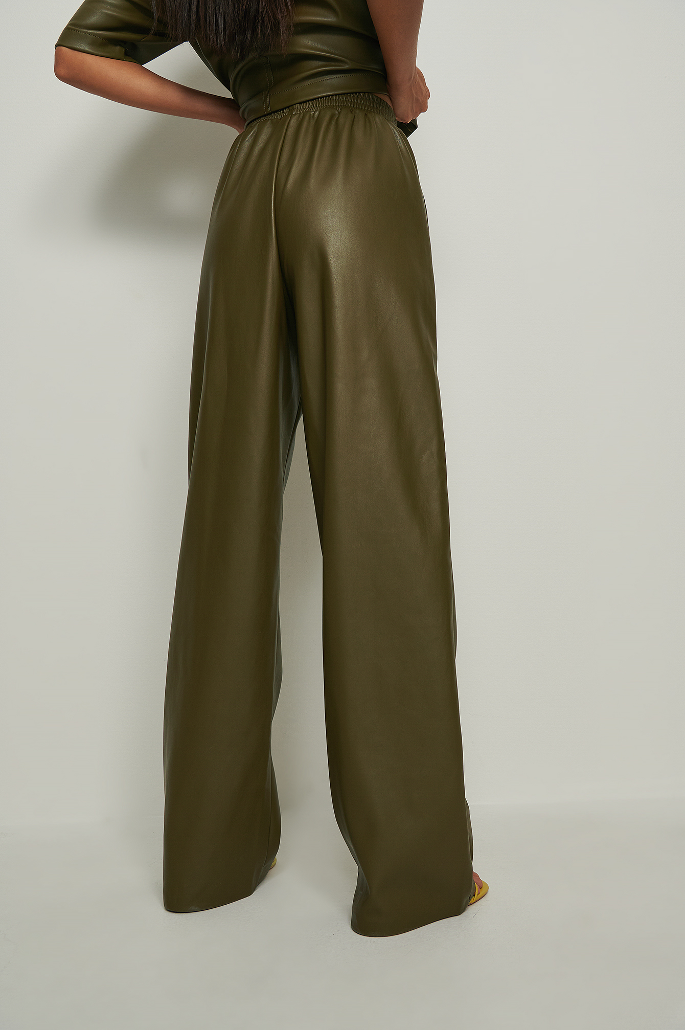 Olive Elastic Waist PU Trousers
