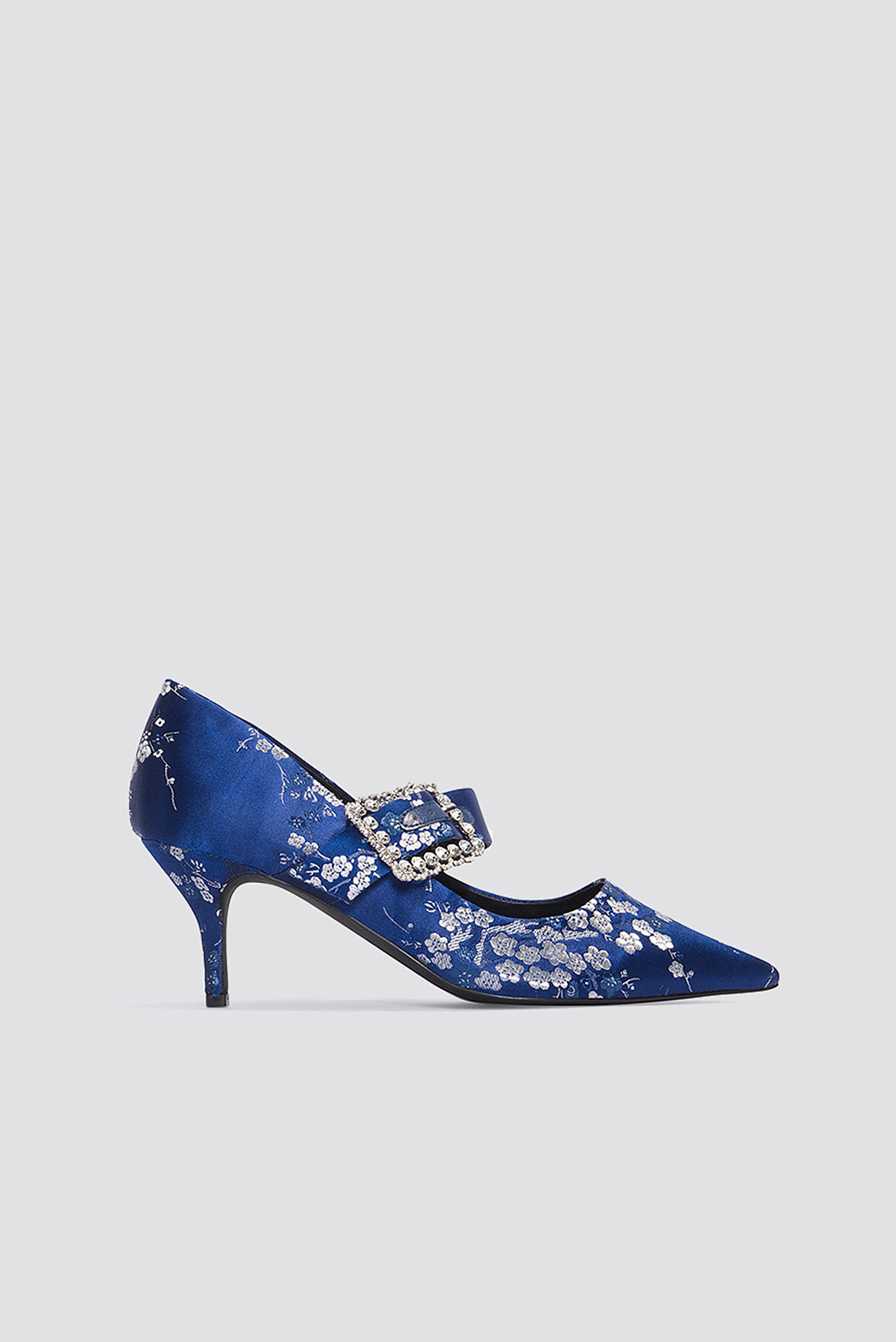 Embellished Buckle Mid Heels Blue Flower Print