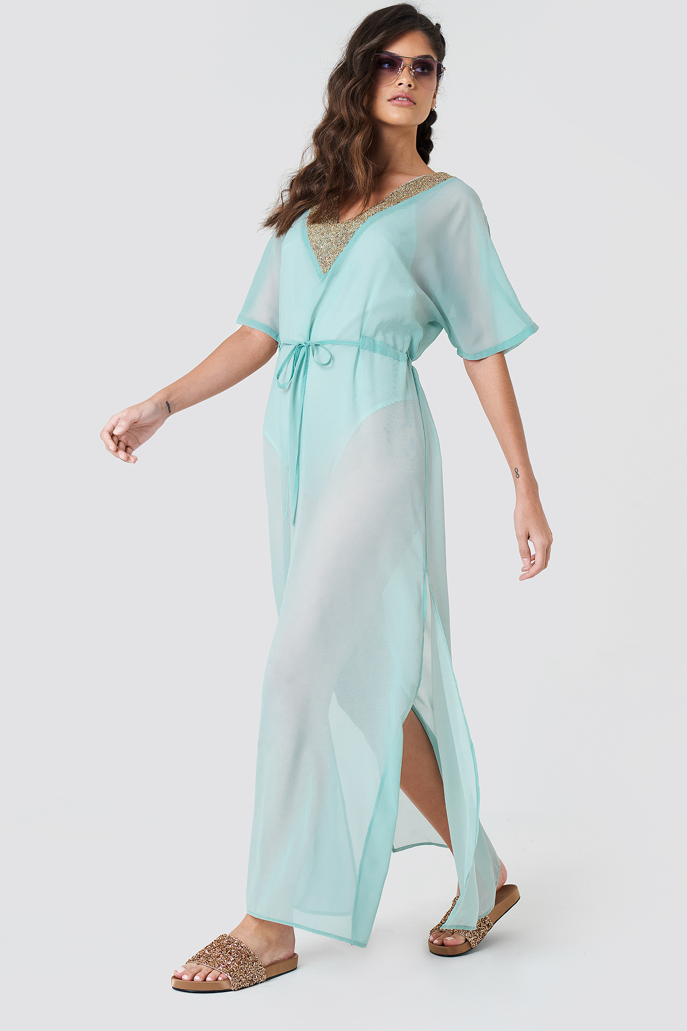 Embellished Caftan Dress Duck Green