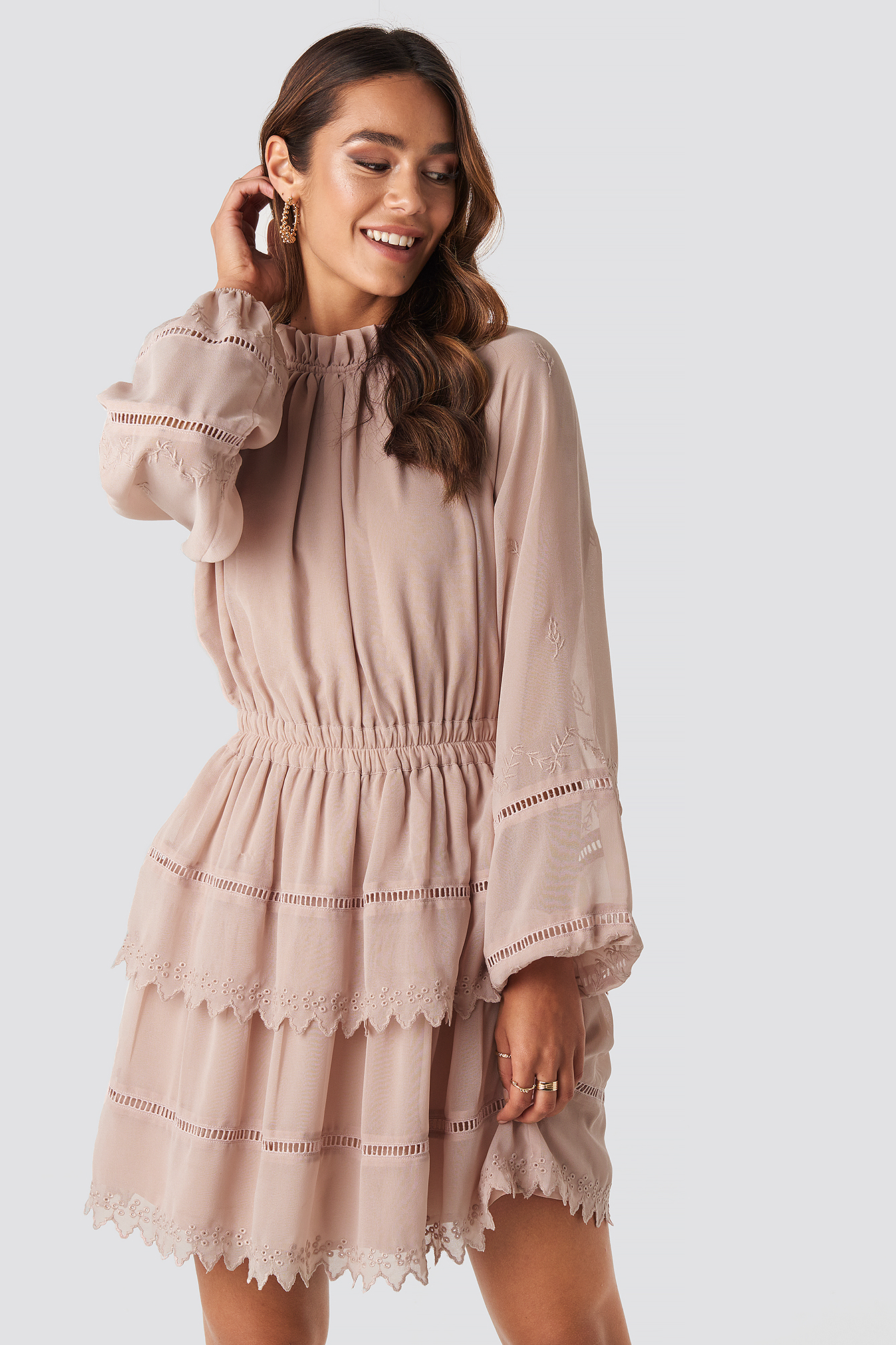 Embroidery Mini Dress Dusty Pink