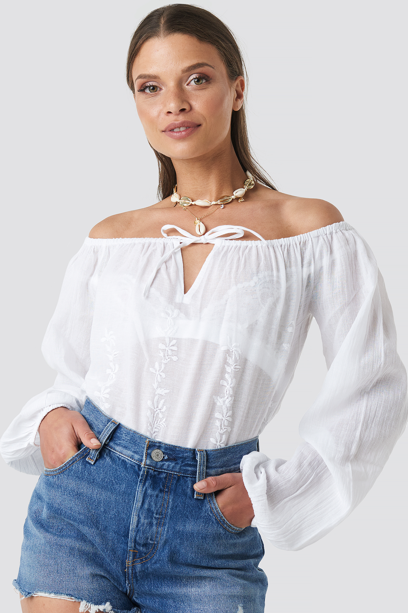 Embroidery Off Shoulder Top White