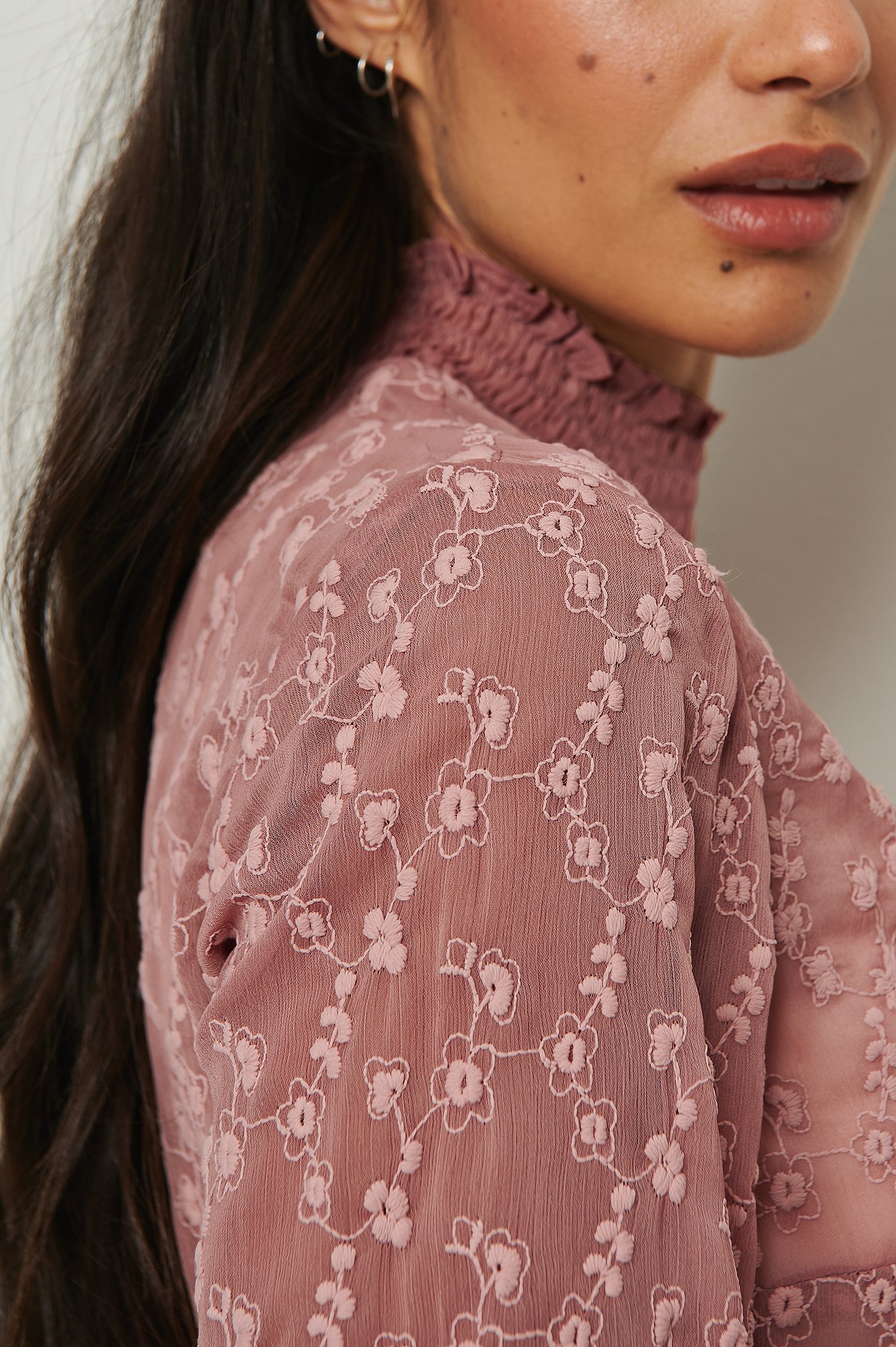 Dark Dusty Pink Embroidery Smock LS Blouse