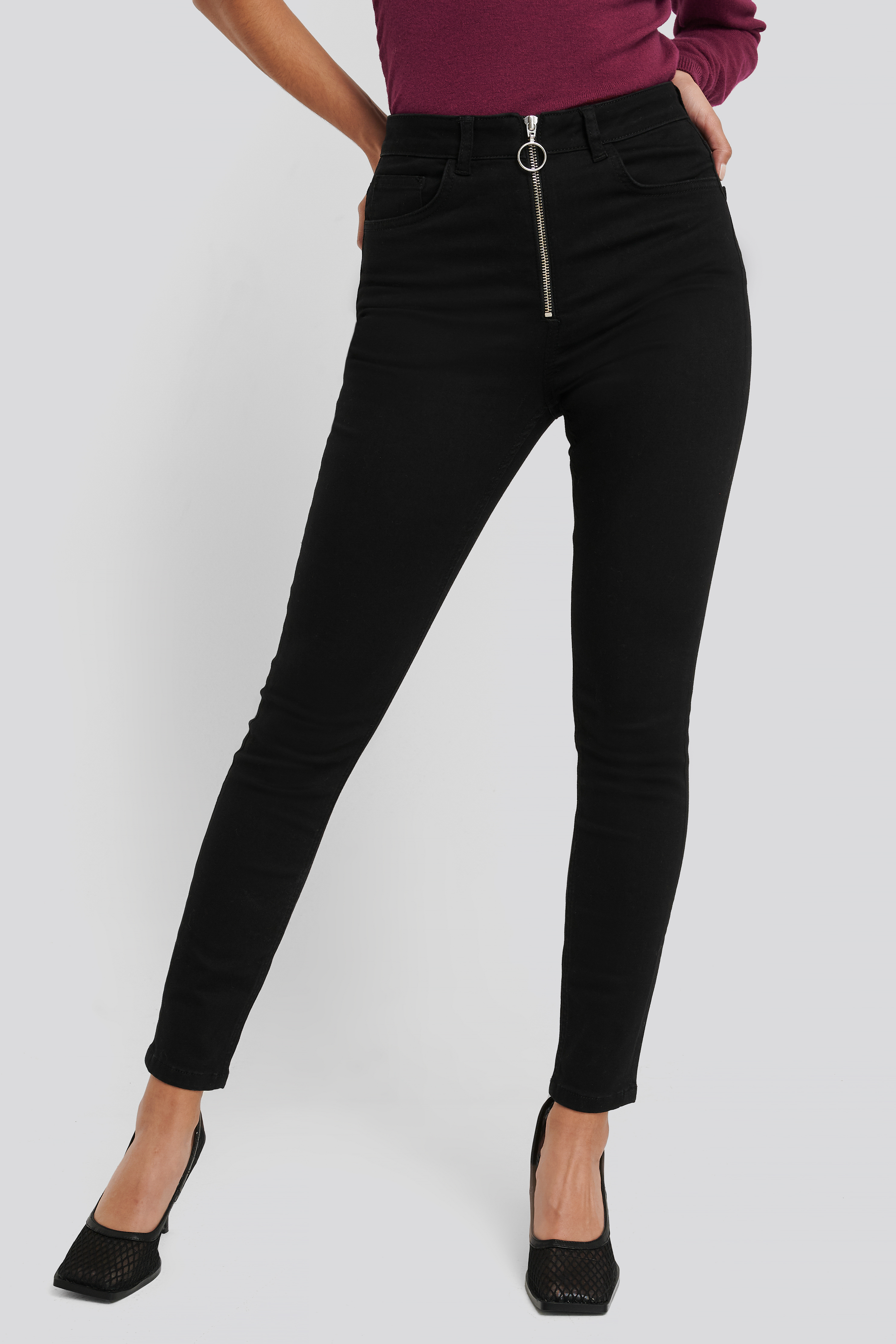 Exposed Zipper High Waist Skinny Jeans Black