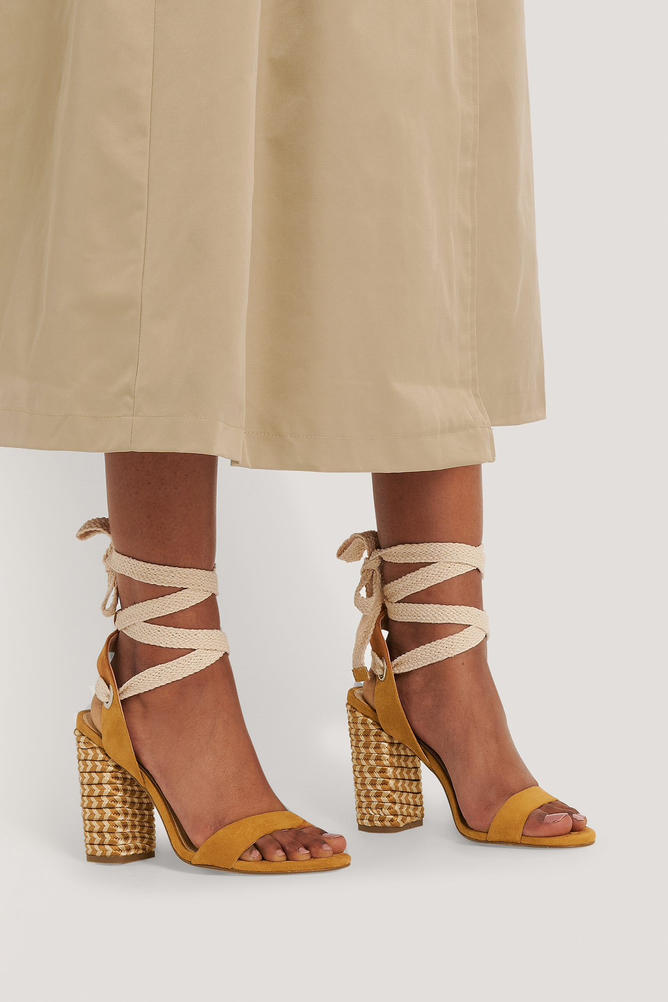 Eyelet Detail Braided Heel Sandals Yellow