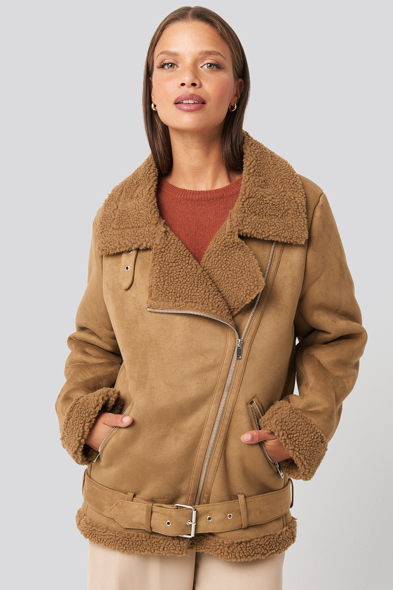 Fake Suede Bonded Aviator Jacket Brown