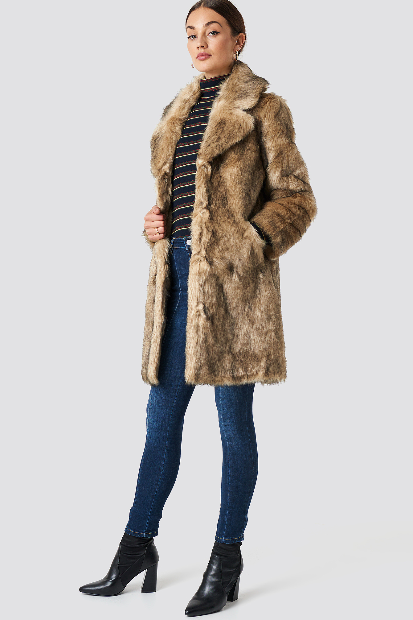 Faux Fur Collar Long Jacket Brown