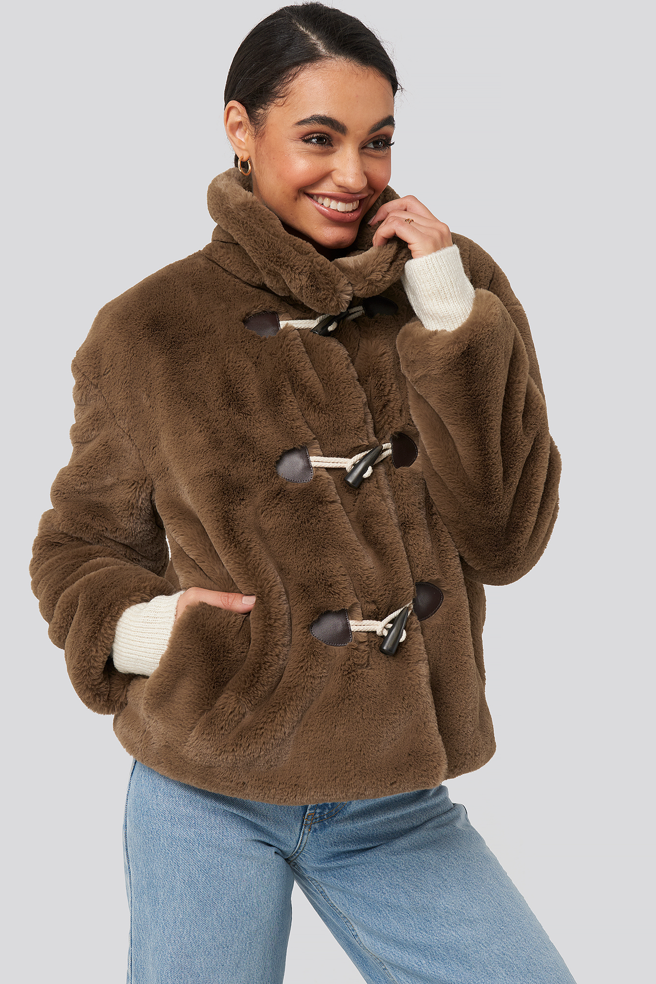 Faux Fur Duffle Jacket Brown