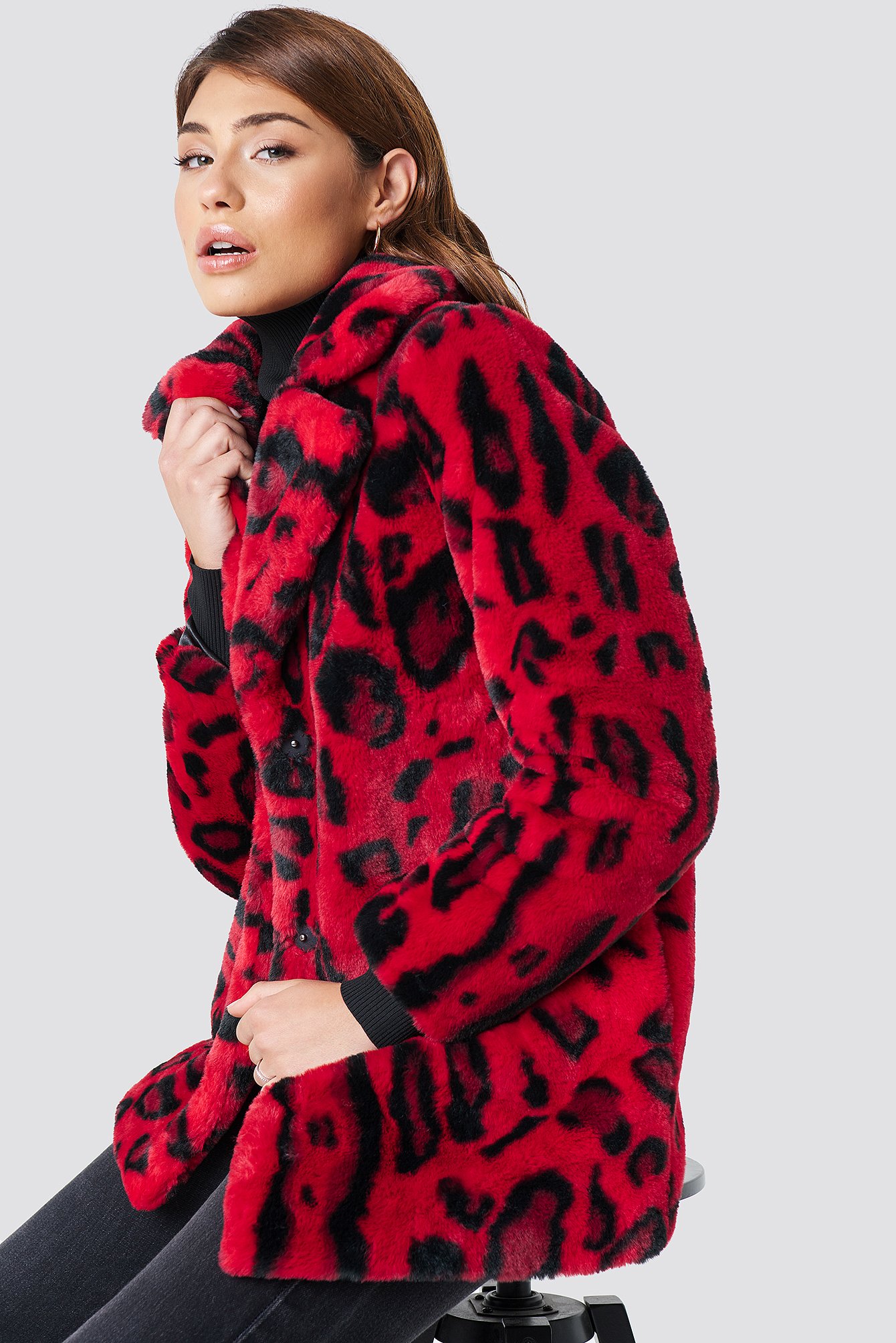 Red Leopard NA-KD Trend Faux Fur Leo Jacket