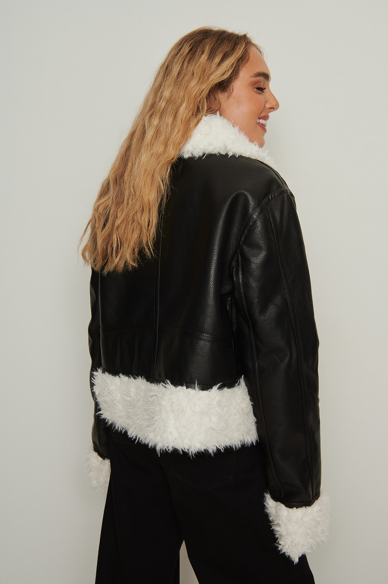 Faionny Women Faux Fur Coat Solid Overcoat Fur Collar Jacket Coat Warm Zipper Jacket PU Leather Parka Windbreaker 