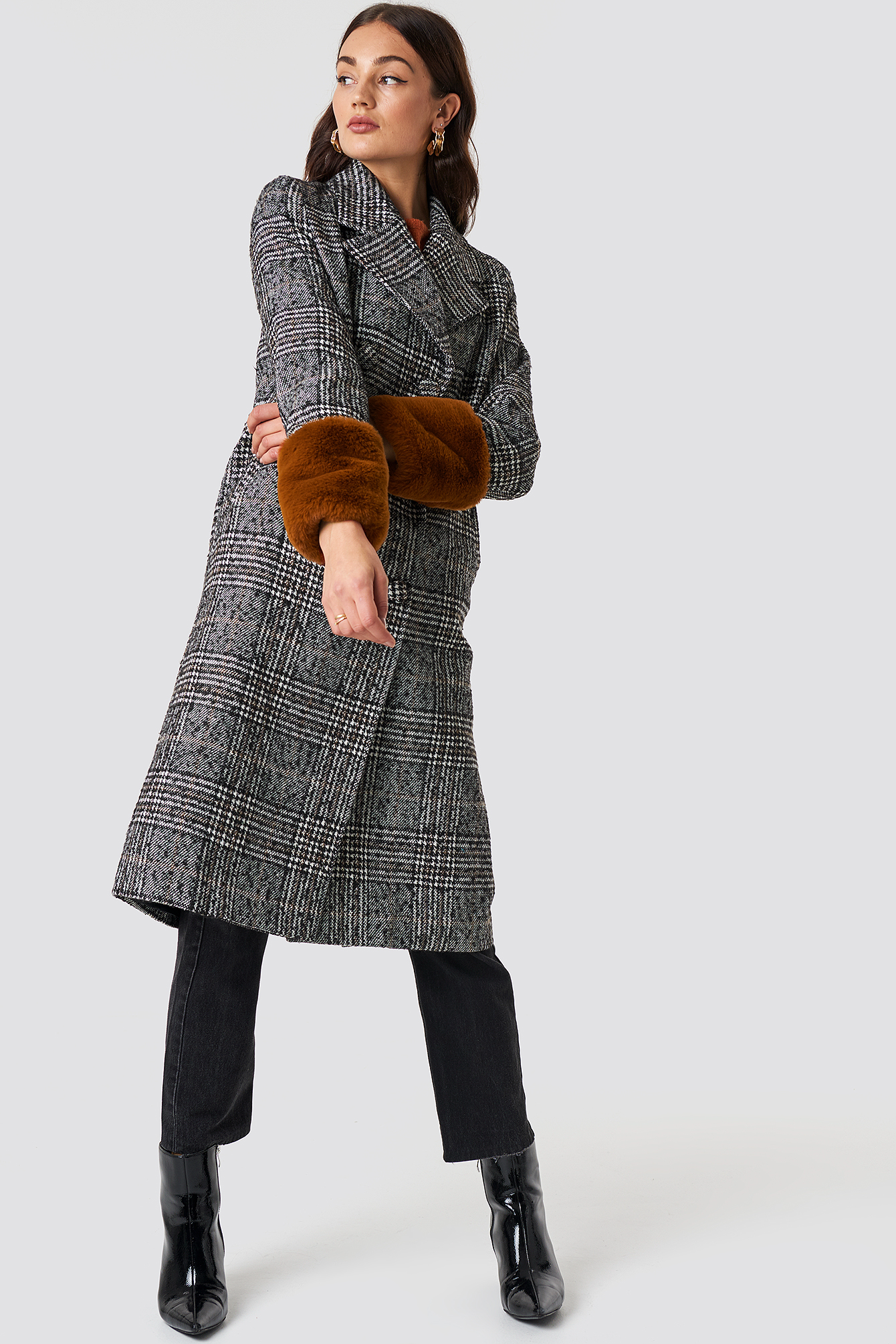 Faux Fur Sleeve Plaid Coat Checked