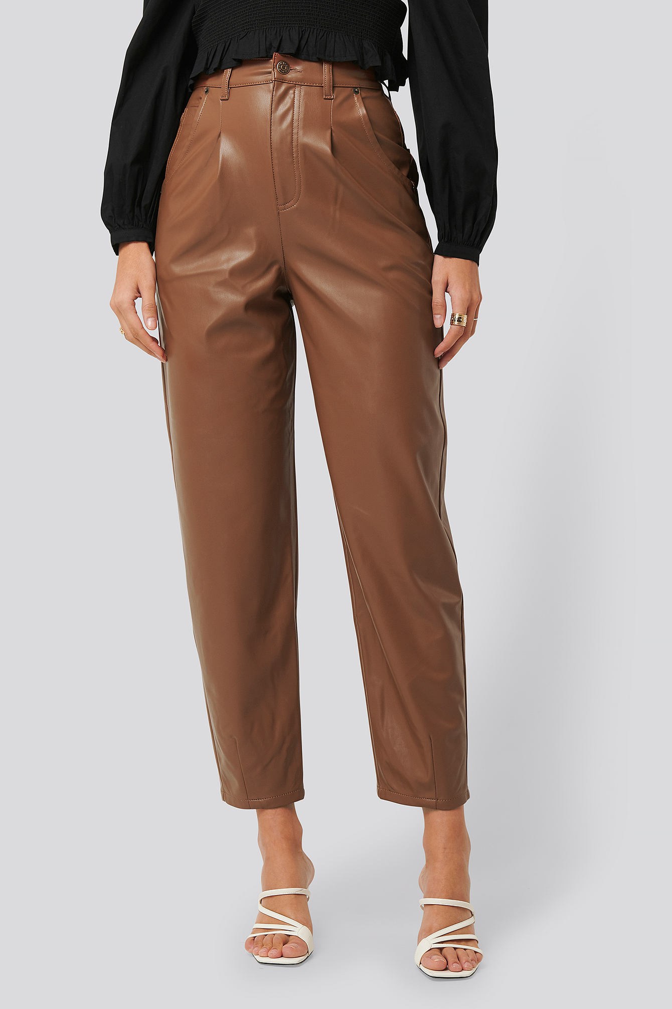 Faux Leather Ballon Leg Pants Brown 