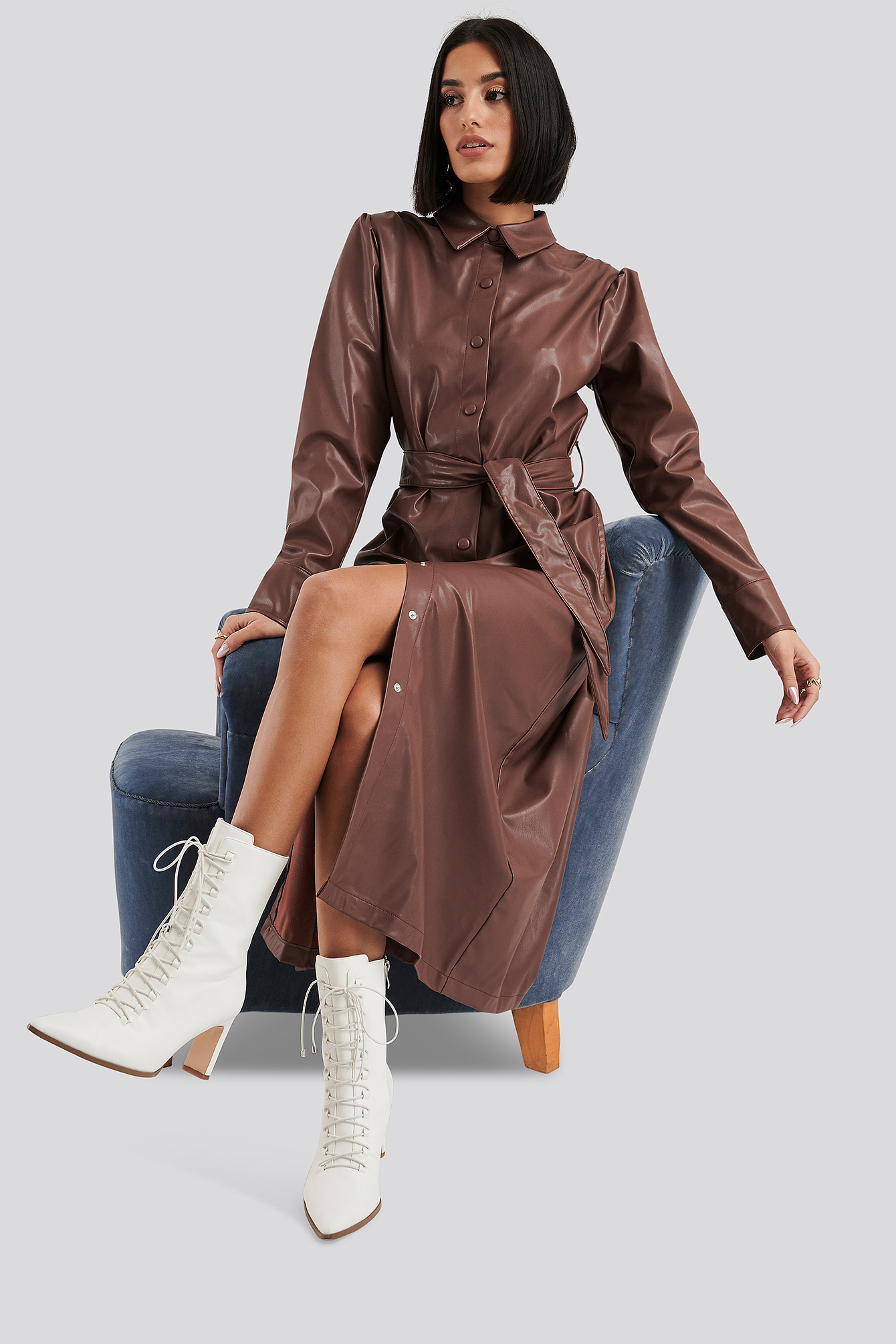 Faux Leather Belted Shirt Midi Dress Brown