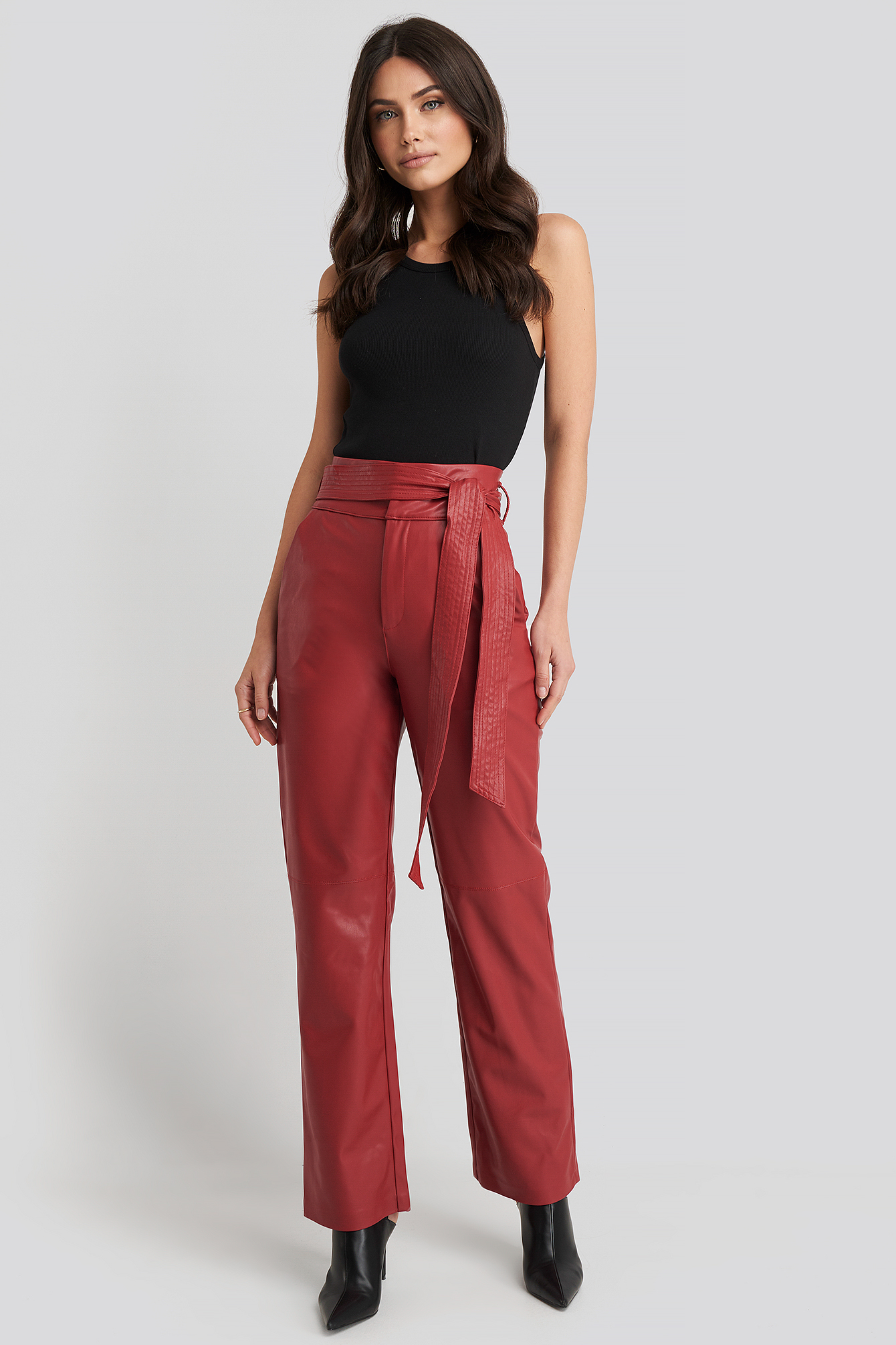 Faux Leather Belted Straight Leg Pants Red
