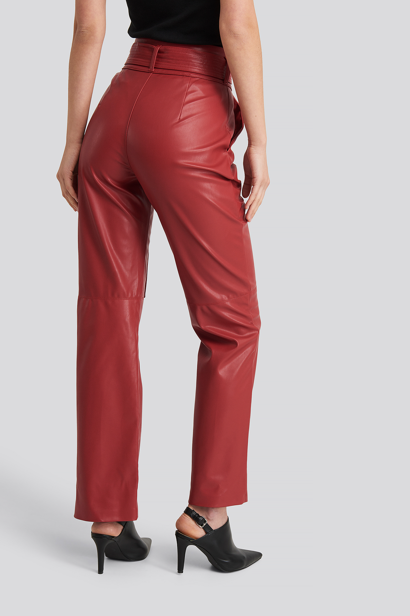 Faux Leather Belted Straight Leg Pants 