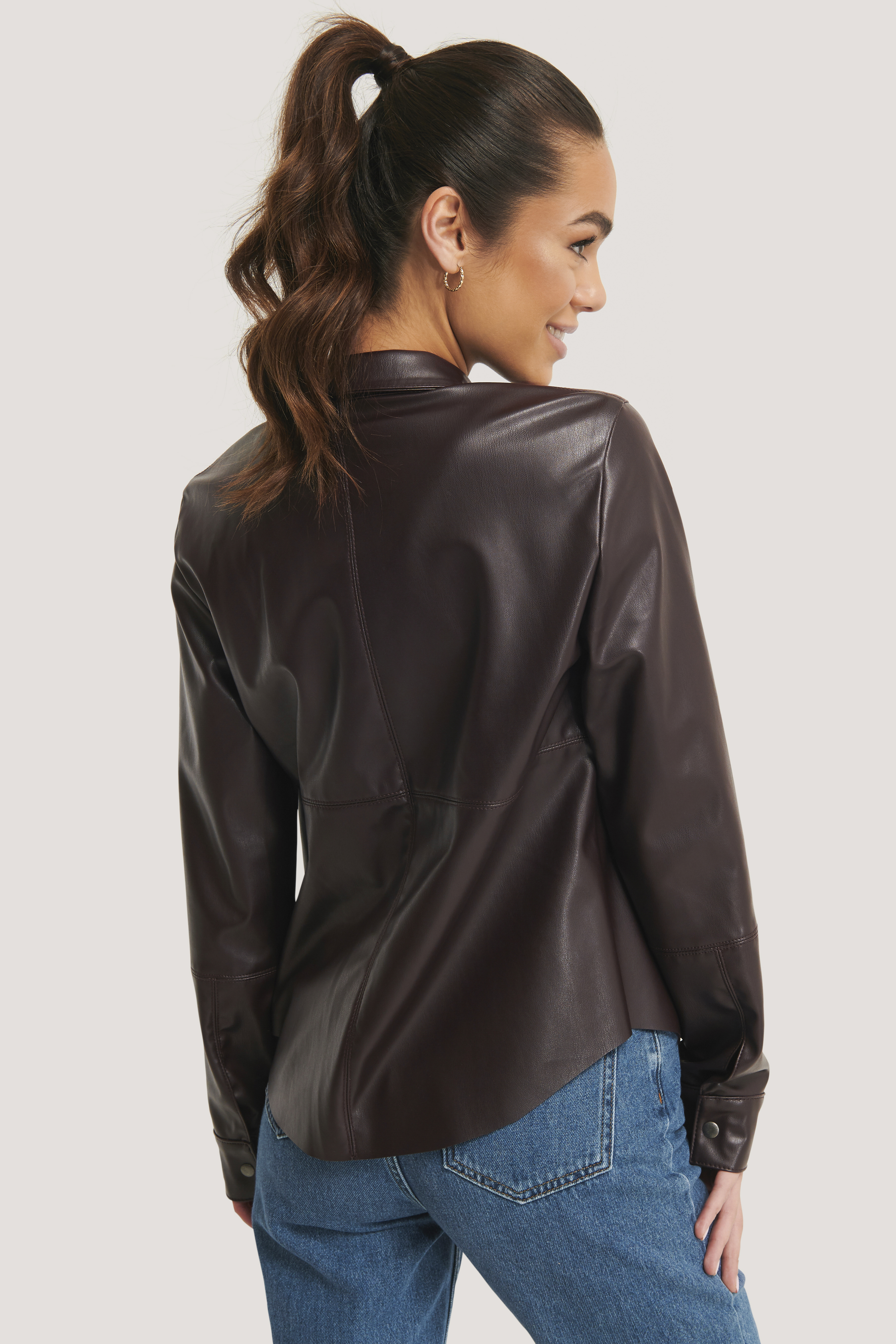 Faux Leather Loose Fit Shirt Brown