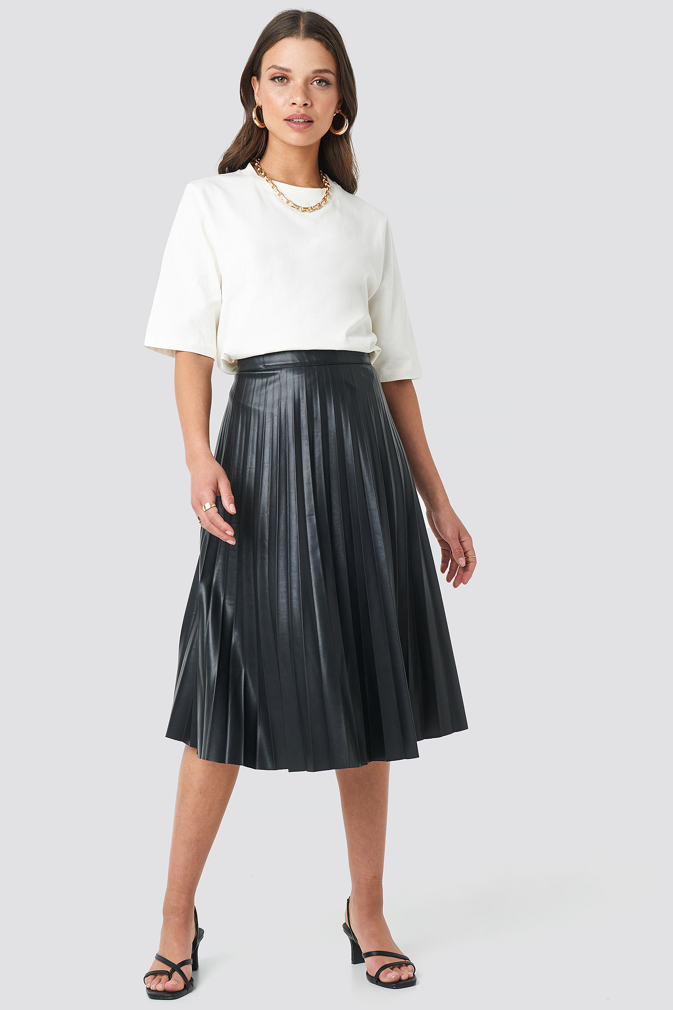 Faux Leather Pleated Midi Skirt Black