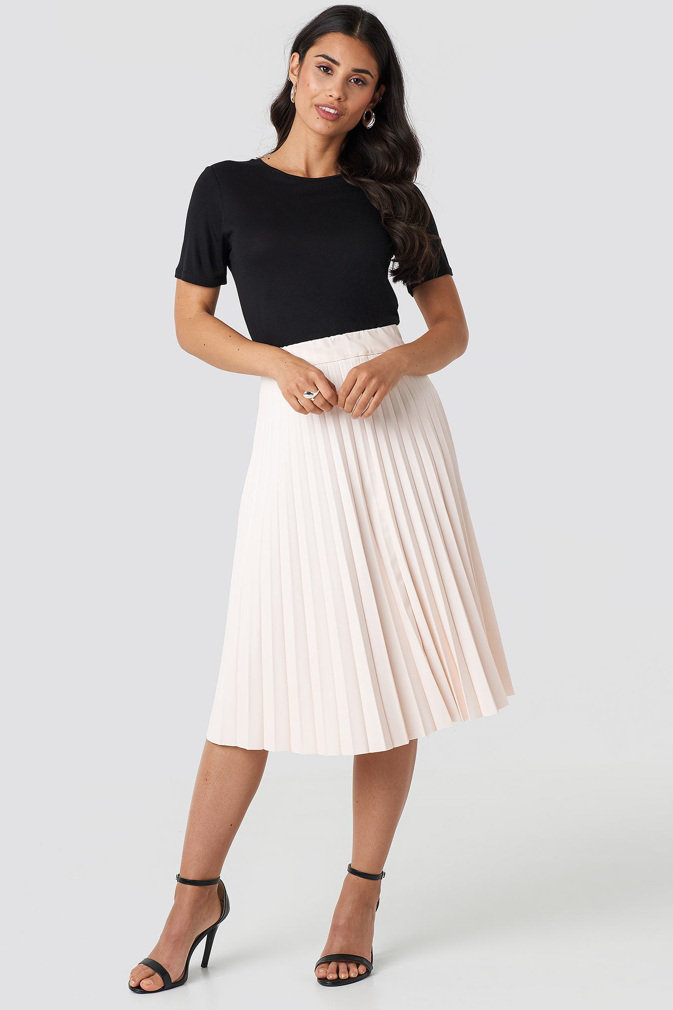 Faux Leather Pleated Midi Skirt Beige