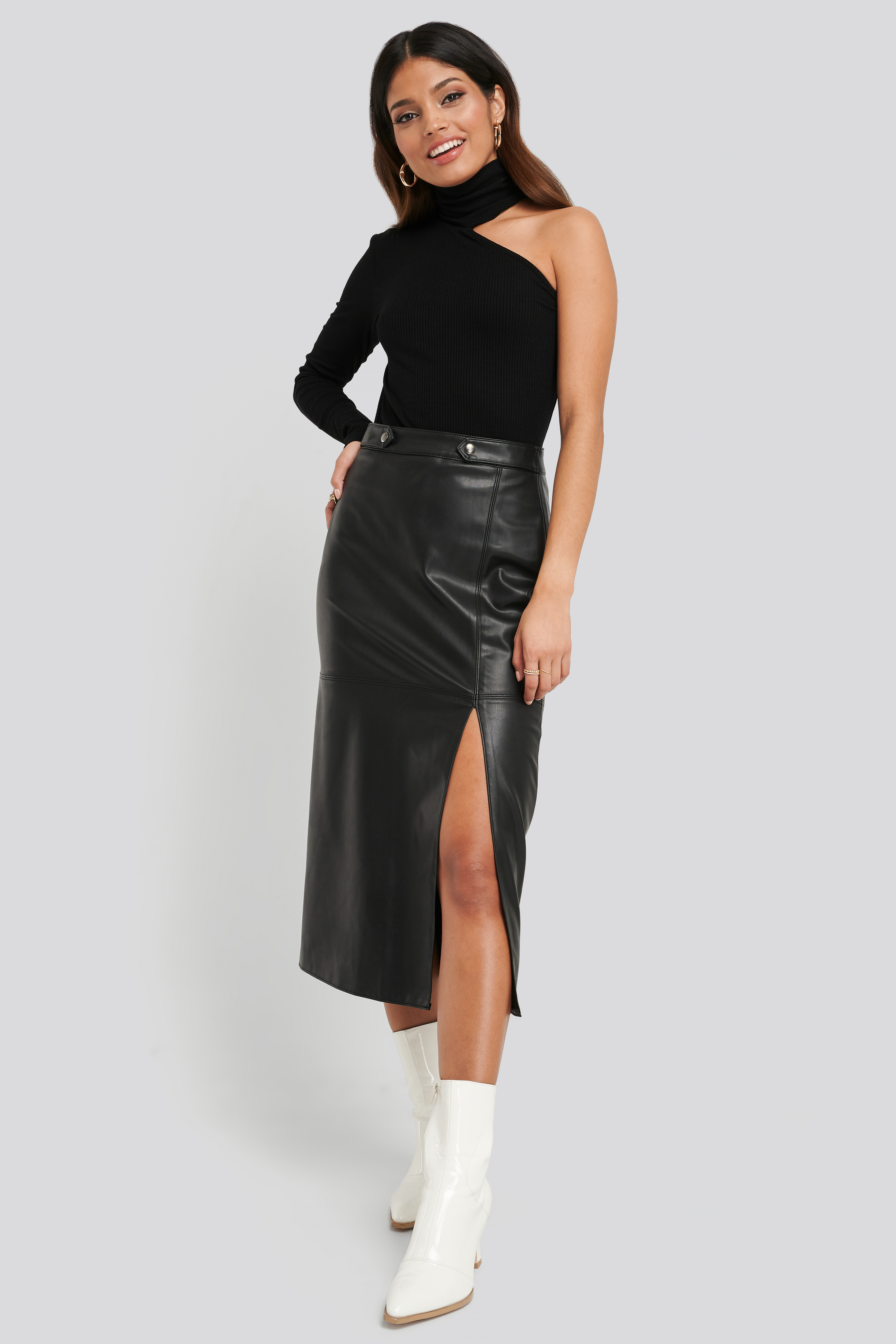 Faux Leather Side Slit Skirt Black