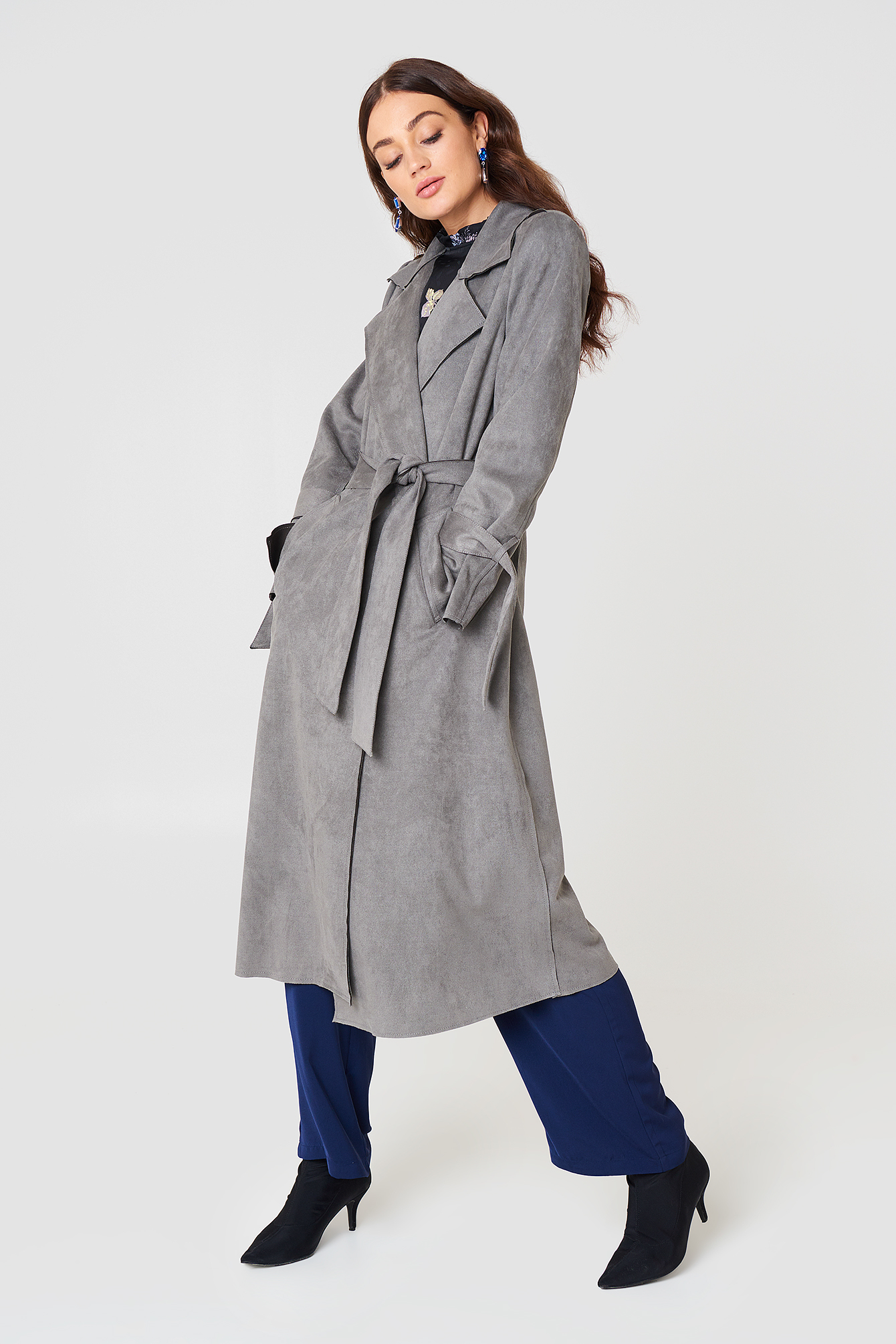 Faux Suede Bonded Trenchcoat Grey