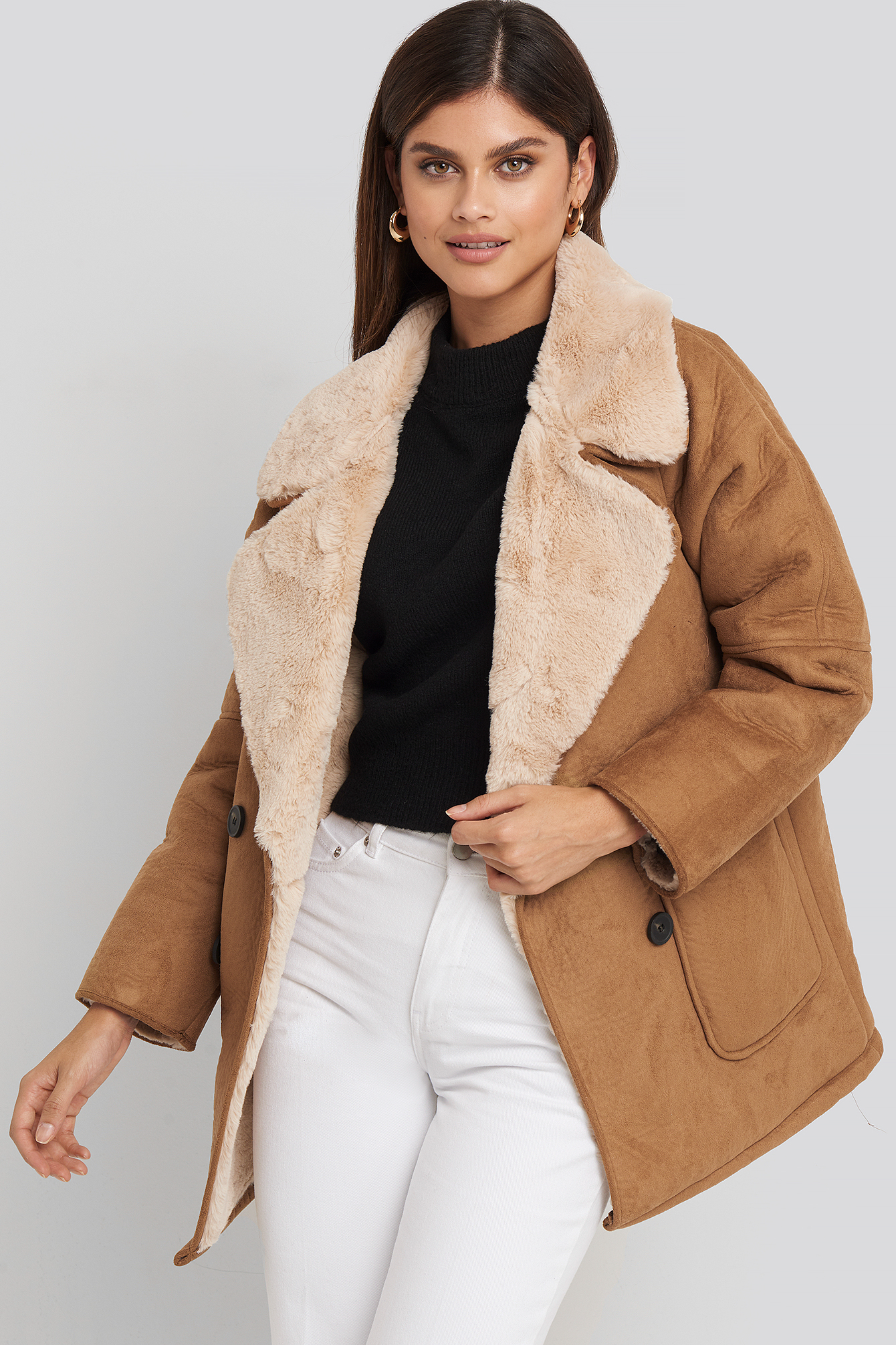 Faux Suede Fur Bonded Jacket Brown