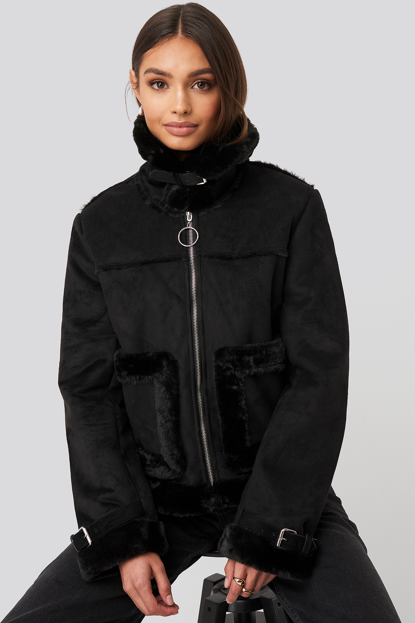 Faux Suede Fur Jacket Black