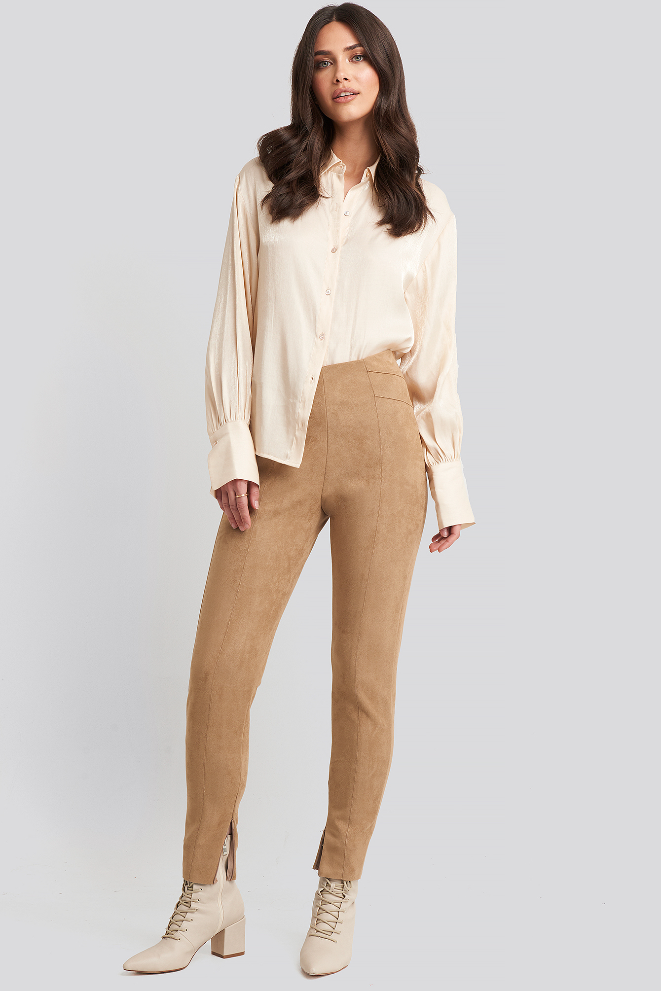 Faux Suede Zip Detail Pants Beige