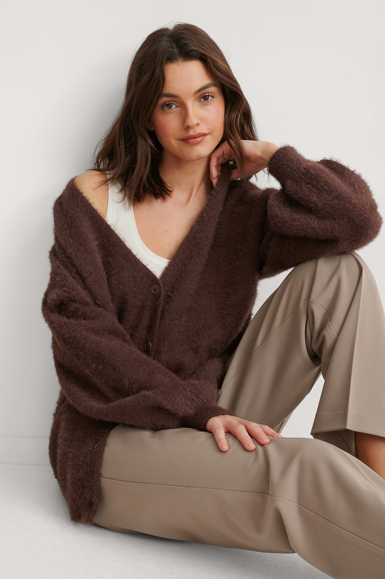 Brown Feather Yarn Knitted Cardigan