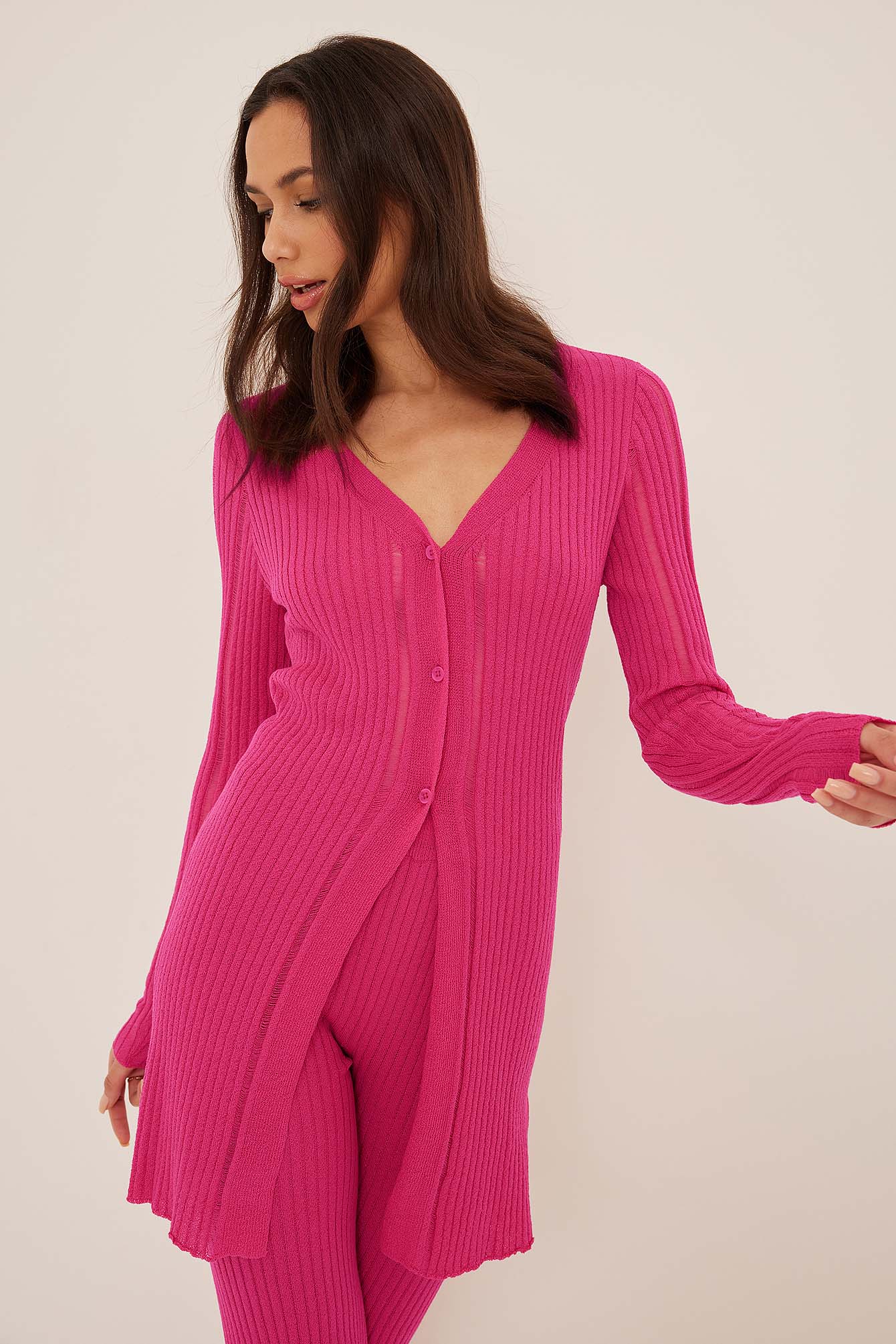 Fine Knitted Long Cardigan Pink
