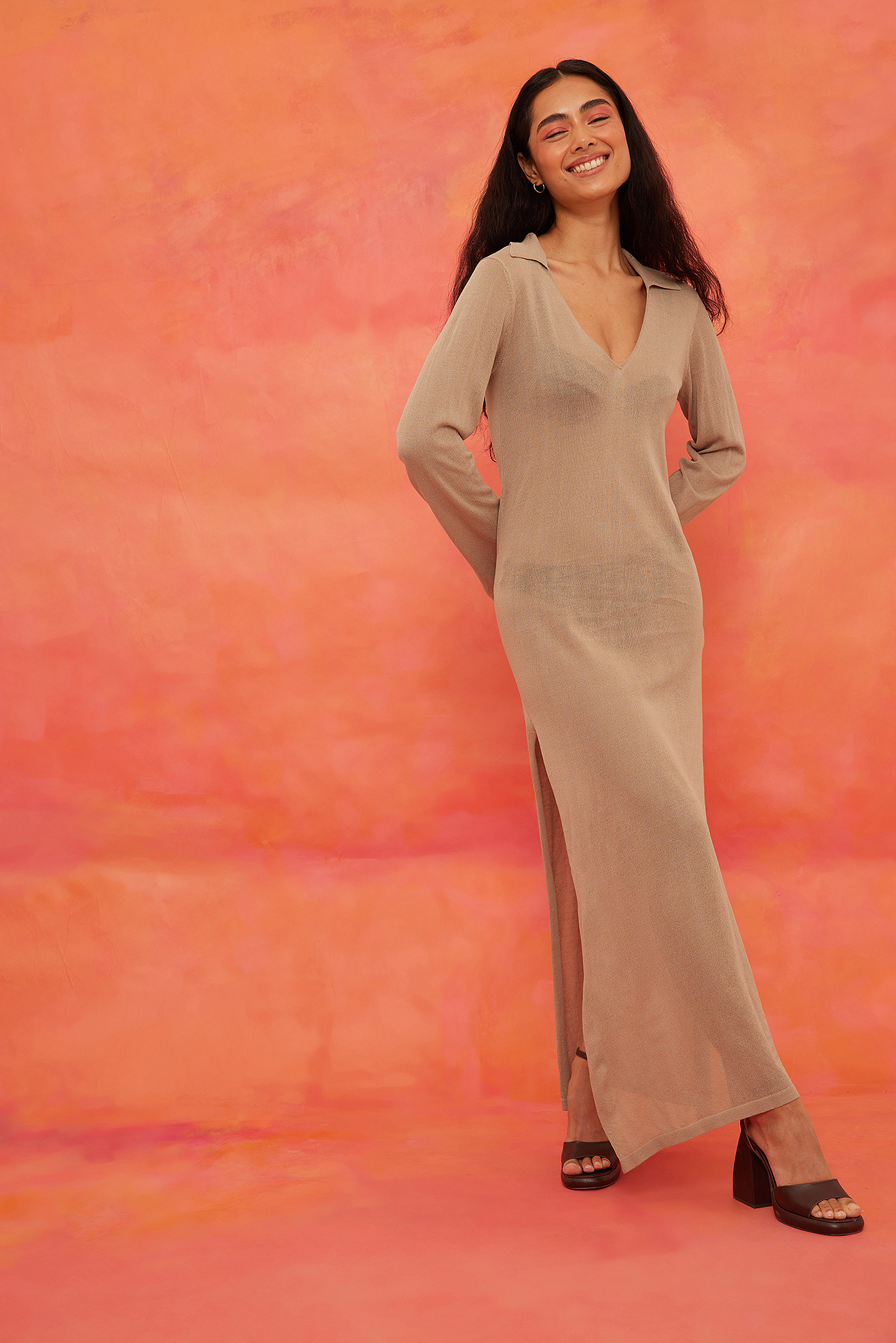 Fine Knitted Collar Maxi Dress Beige