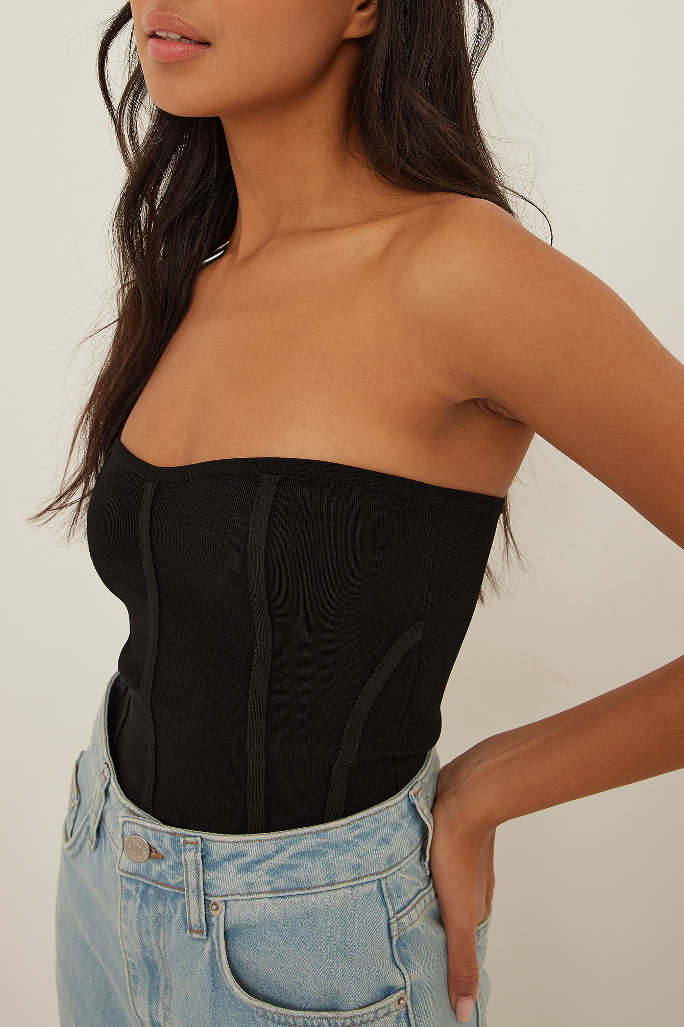 NA-KD Fine Knitted Corset Detail Top - Black