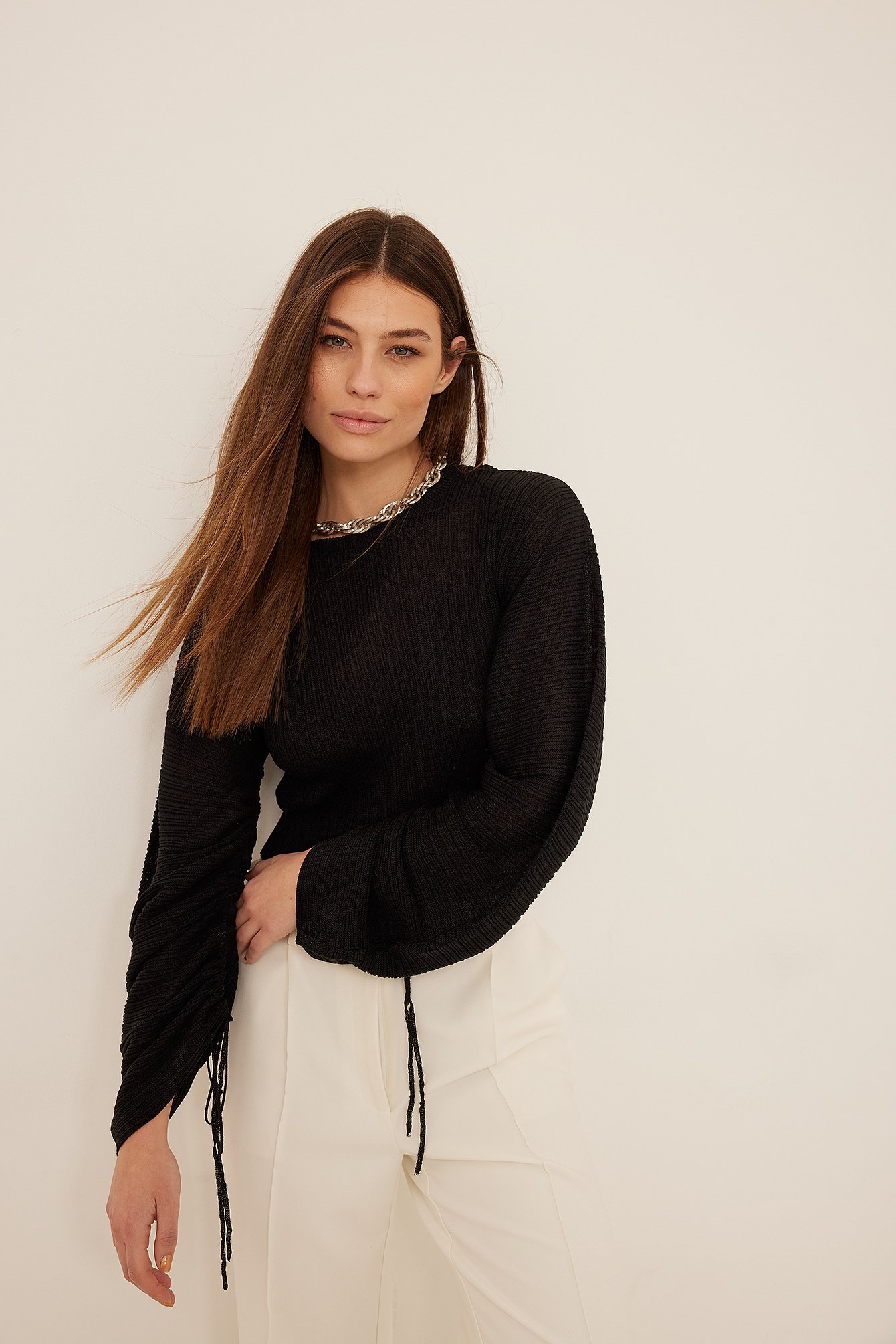 Black Fine Knitted Drawstring Detail Sweater