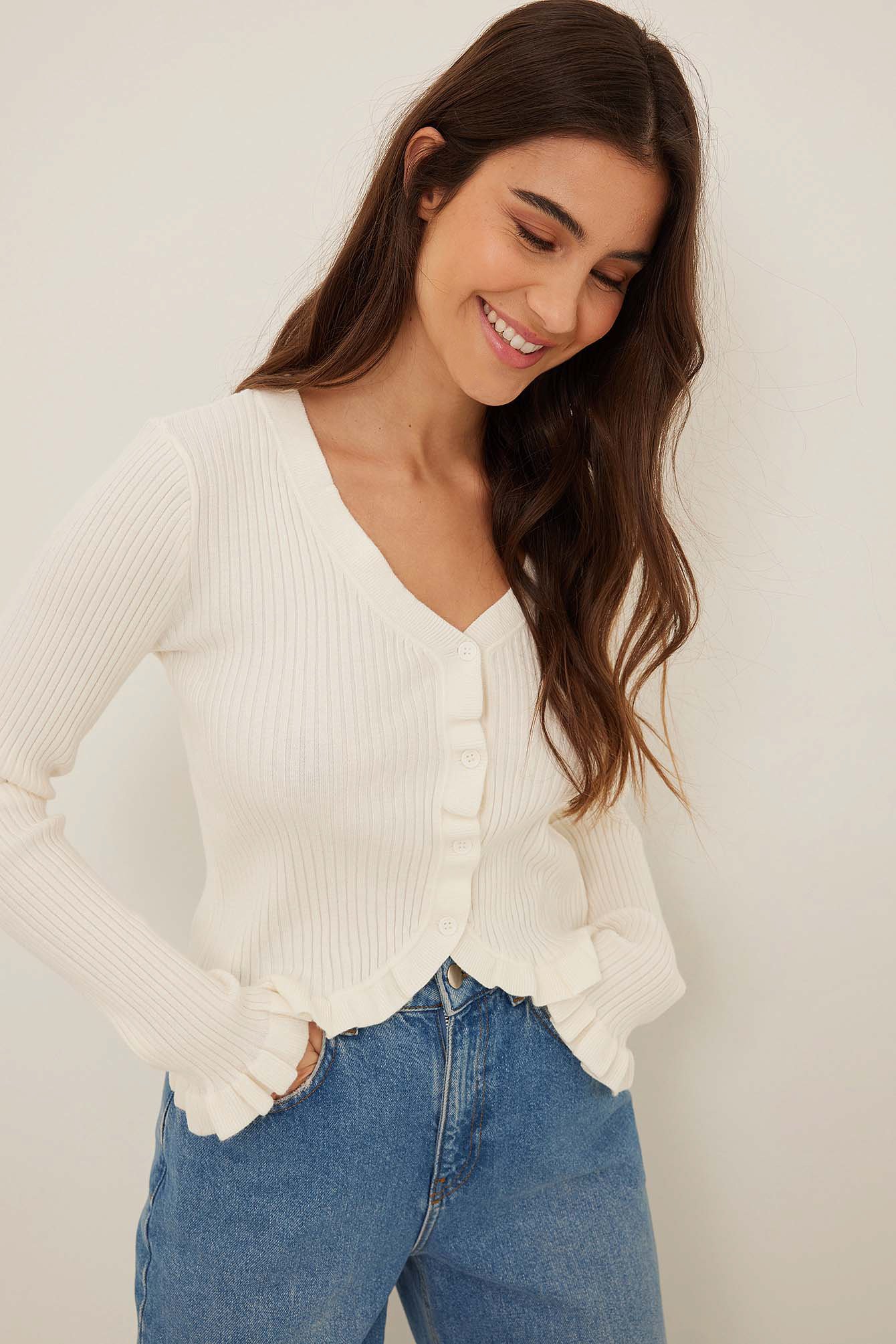 White Fine Knitted Frill Button Cardigan