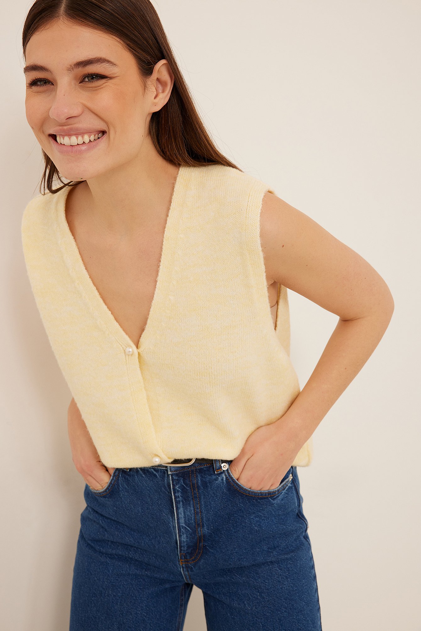 Light Yellow Fine Knitted Pearl Button Vest