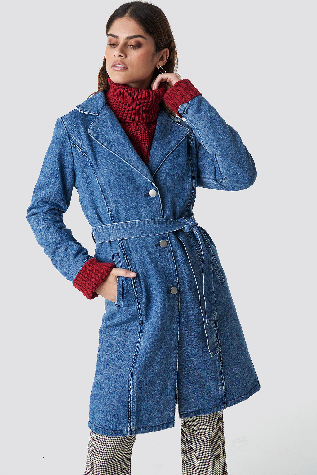 Fitted Long Denim Jacket Mid Blue