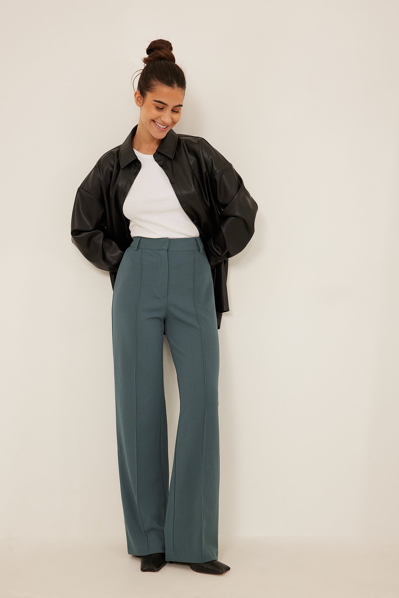 Grey/Blue Fitted Wide Leg Suit Pants