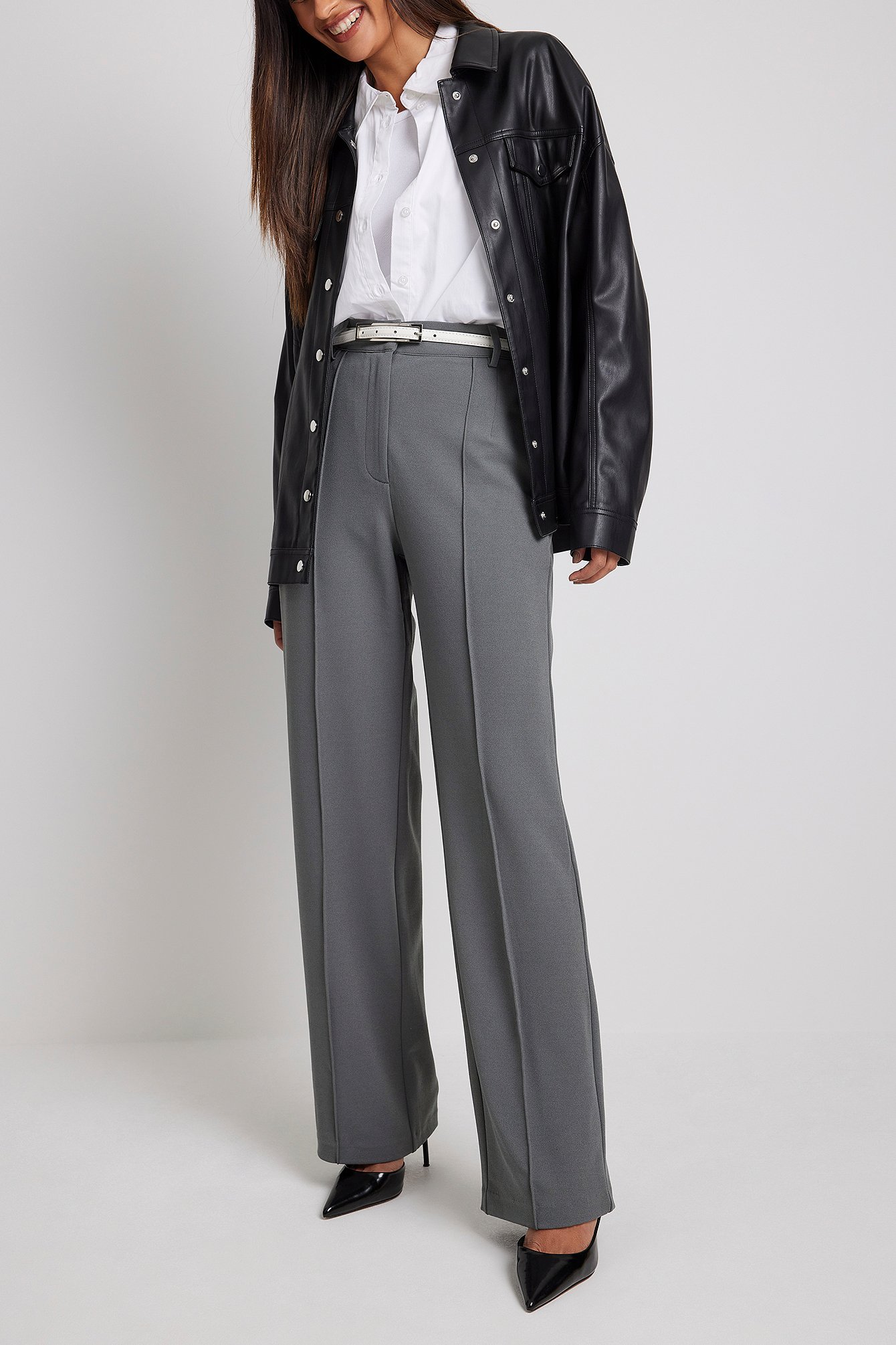 Grey Fitted Wide Leg Suit Pants