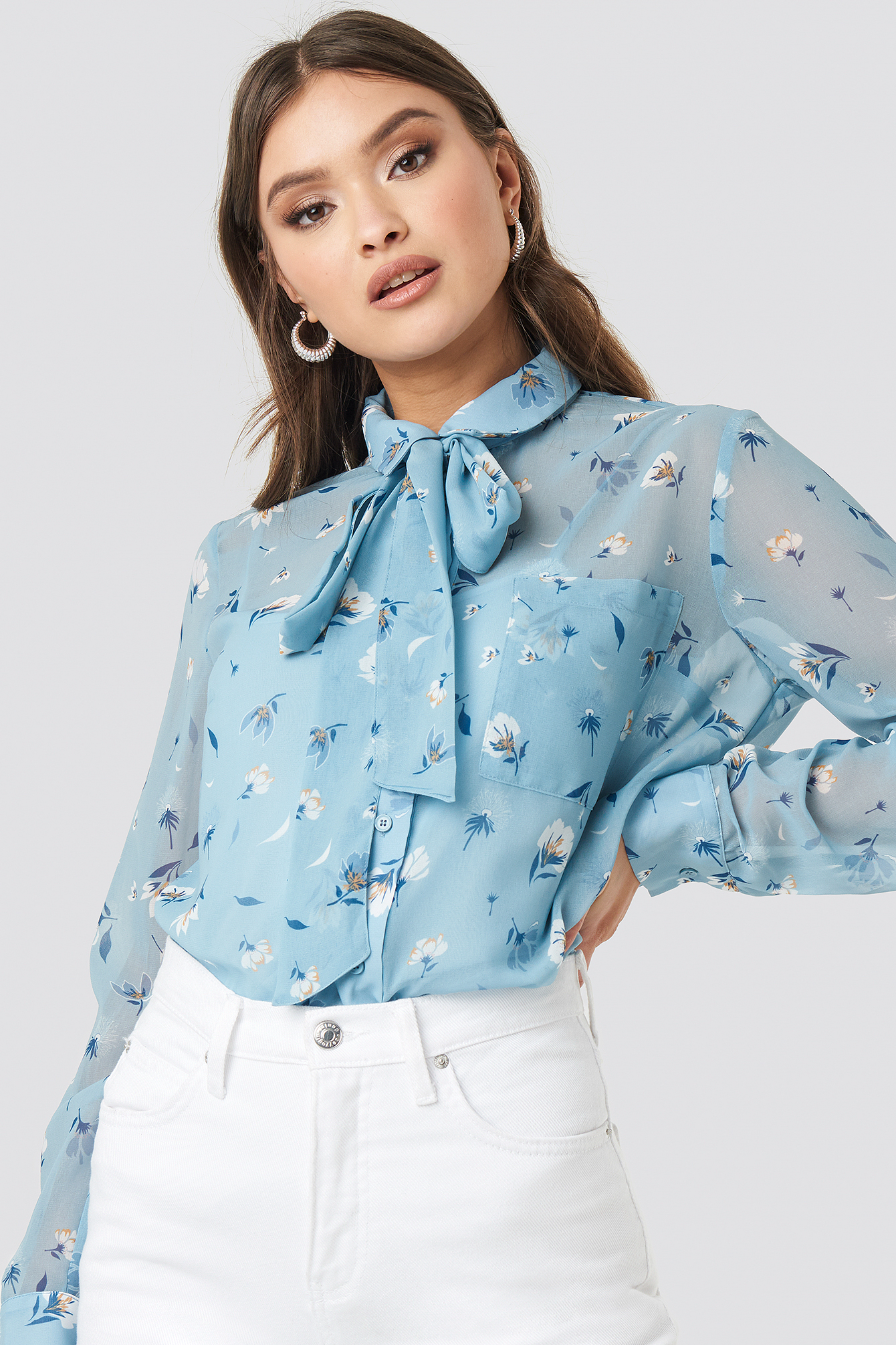 Floral Print Sheer Pussy Bow Blouse 