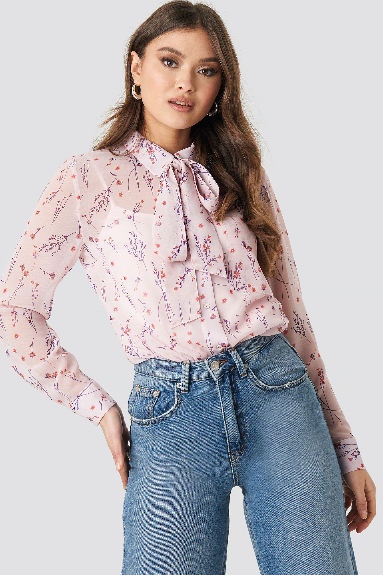Floral Print Sheer Pussy Bow Blouse Pink