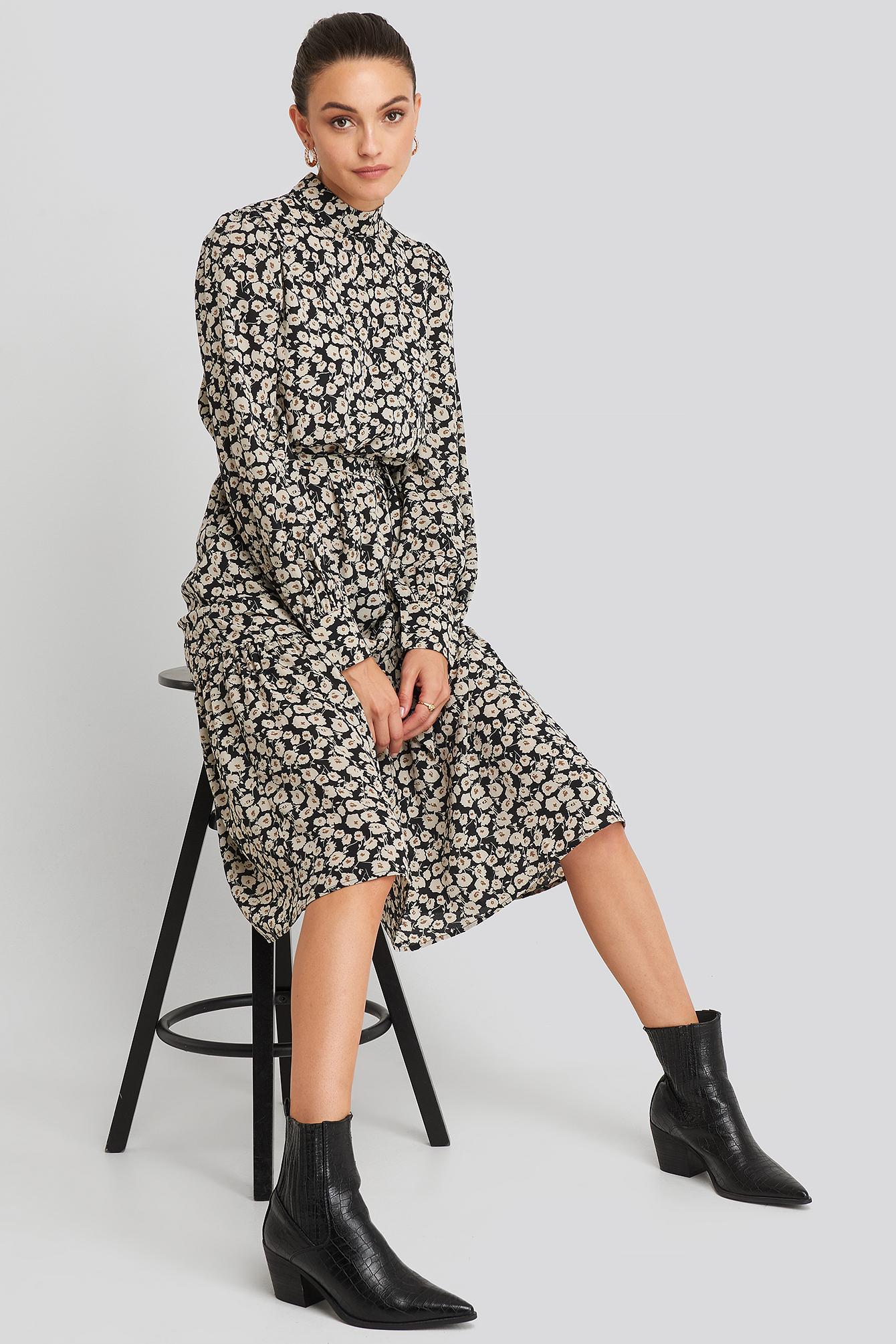 Flounce Belted Midi Dress Black