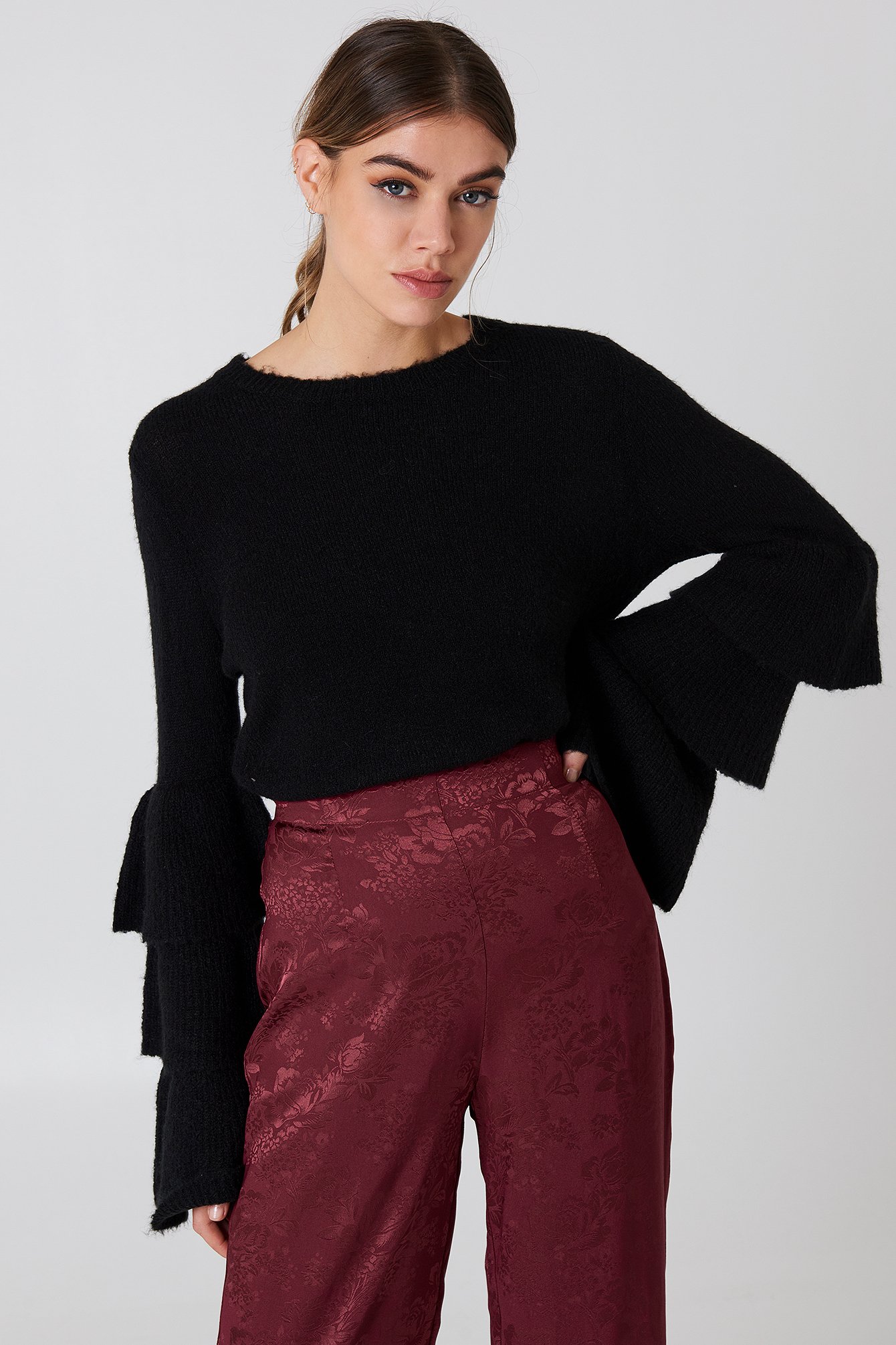 Flounce Sleeve Knitted Sweater Black | NA-KD