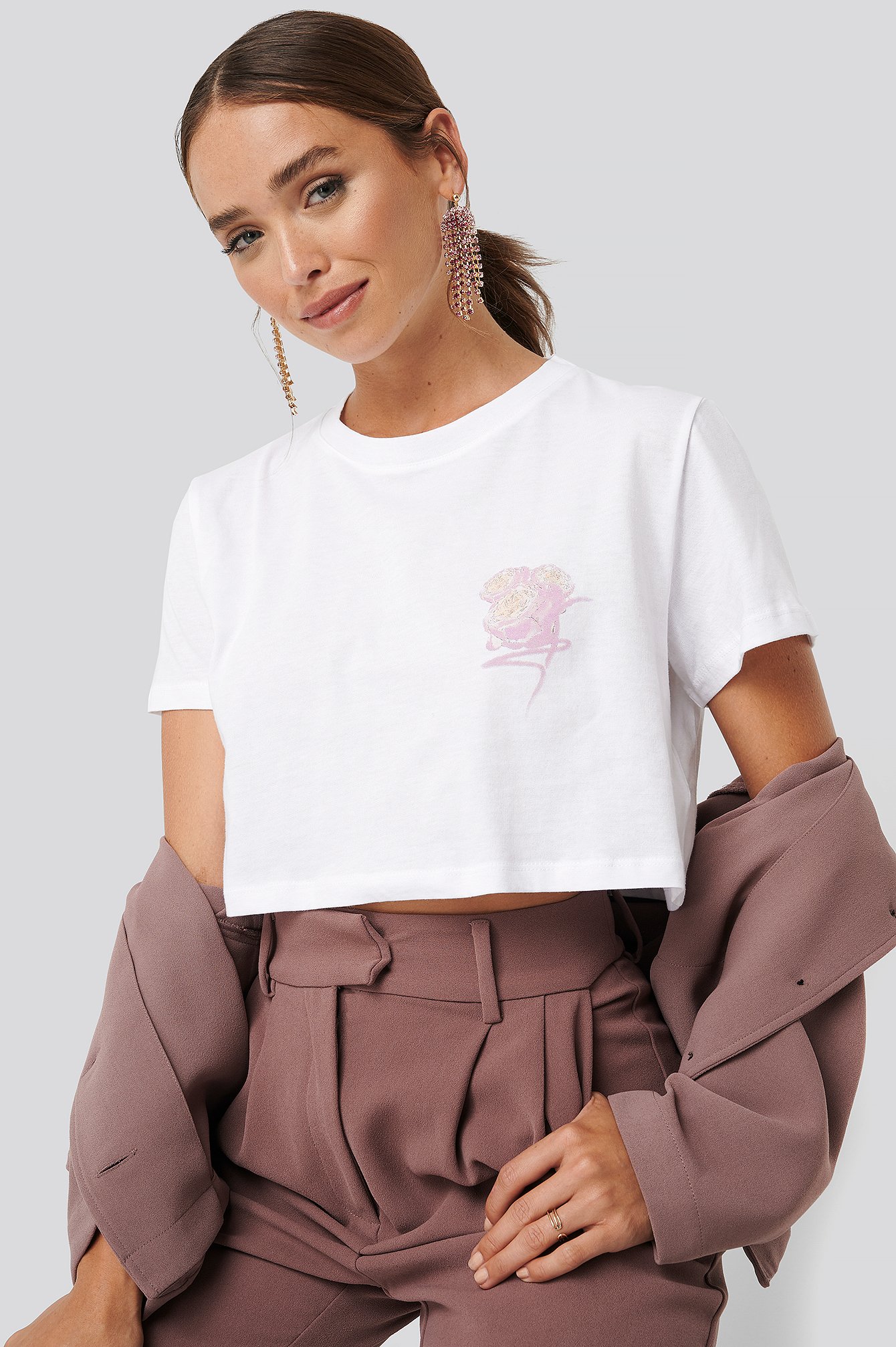 White Flower Cropped Tee